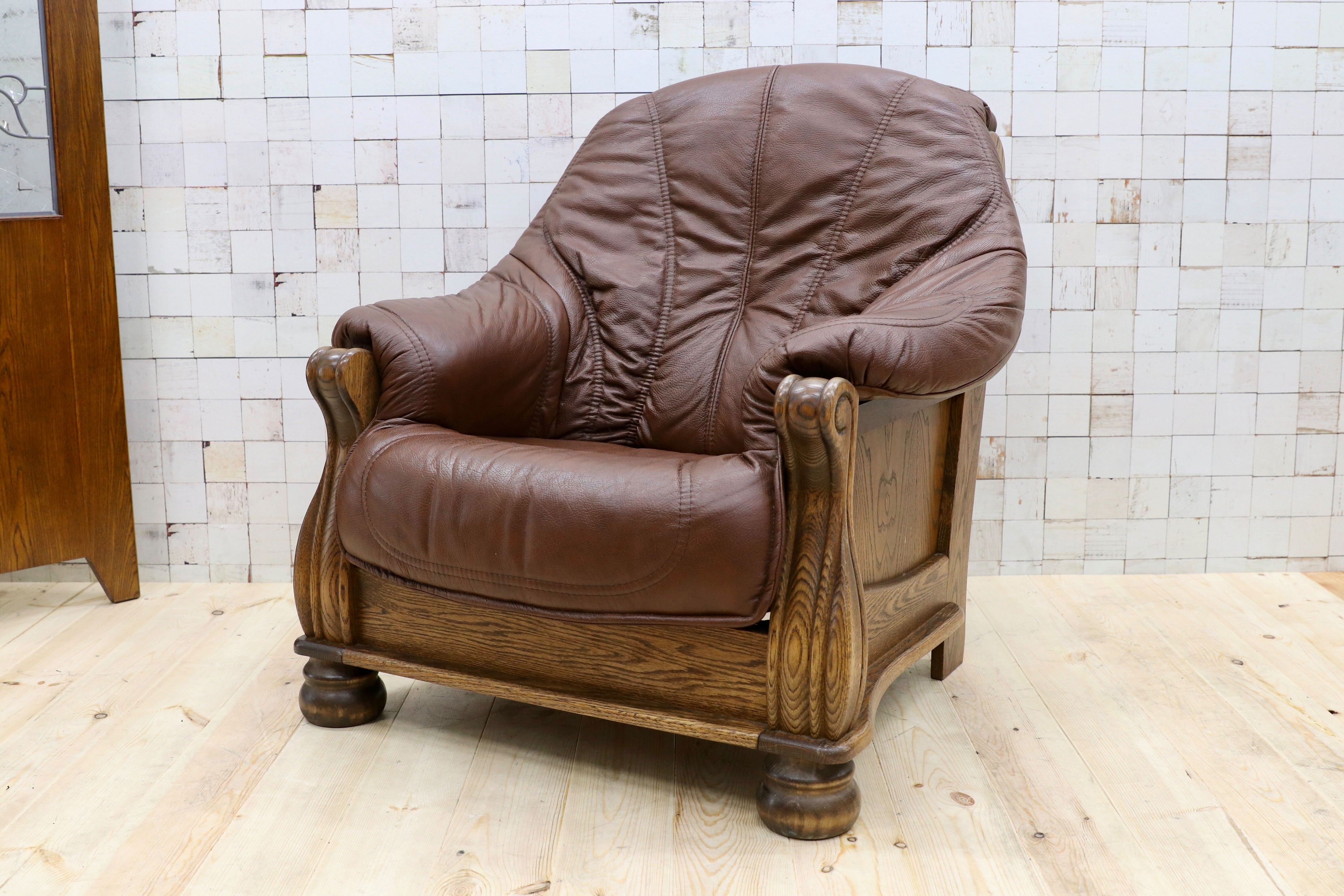 GMGT226A○オランダ製 ダッチカントリー 1人掛けソファ シングルソファ オーク材 本革 応接 リビング チェア 椅子 約35万 ヴィンテージ