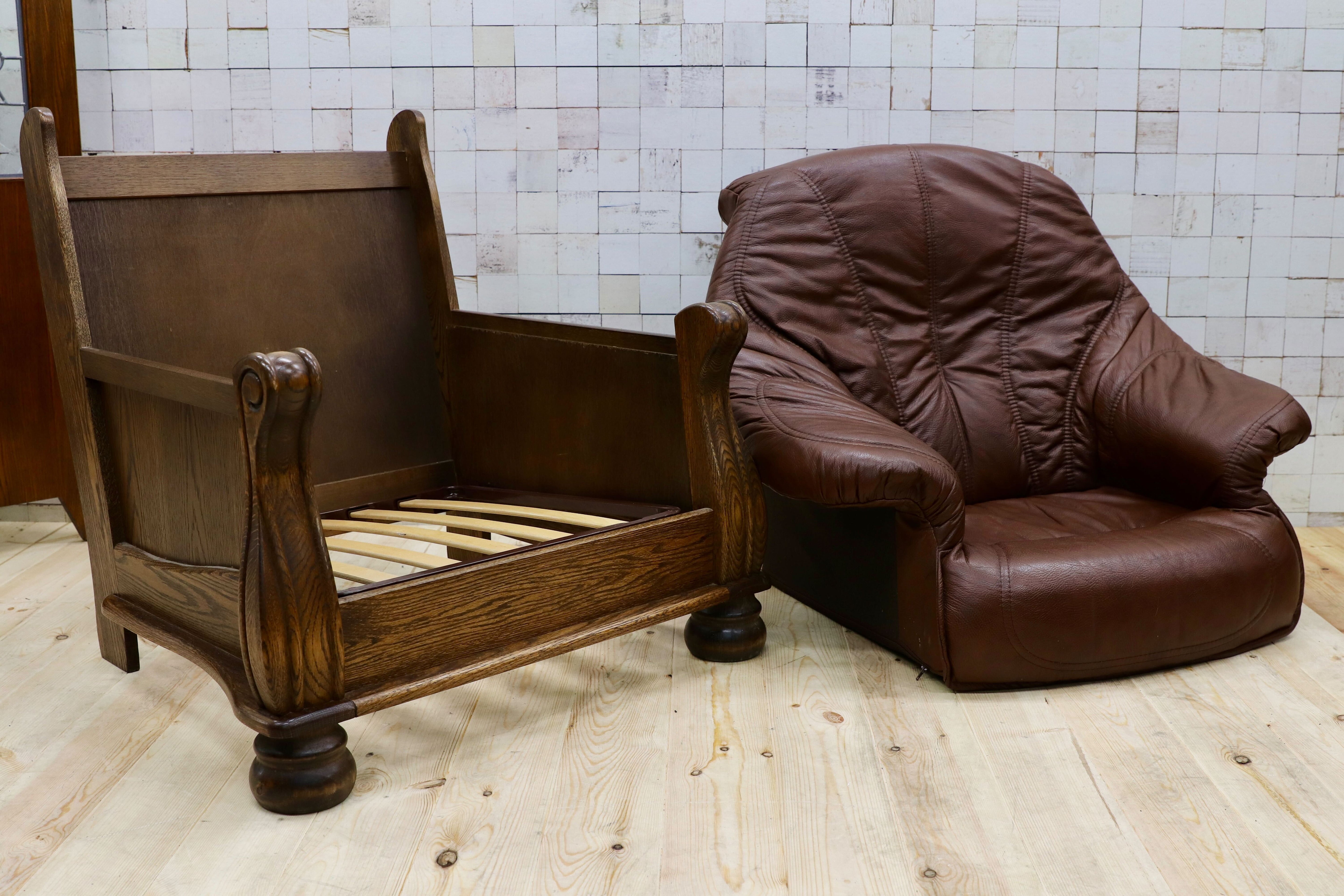 GMGT226A○オランダ製 ダッチカントリー 1人掛けソファ シングルソファ オーク材 本革 応接 リビング チェア 椅子 約35万 ヴィンテージ