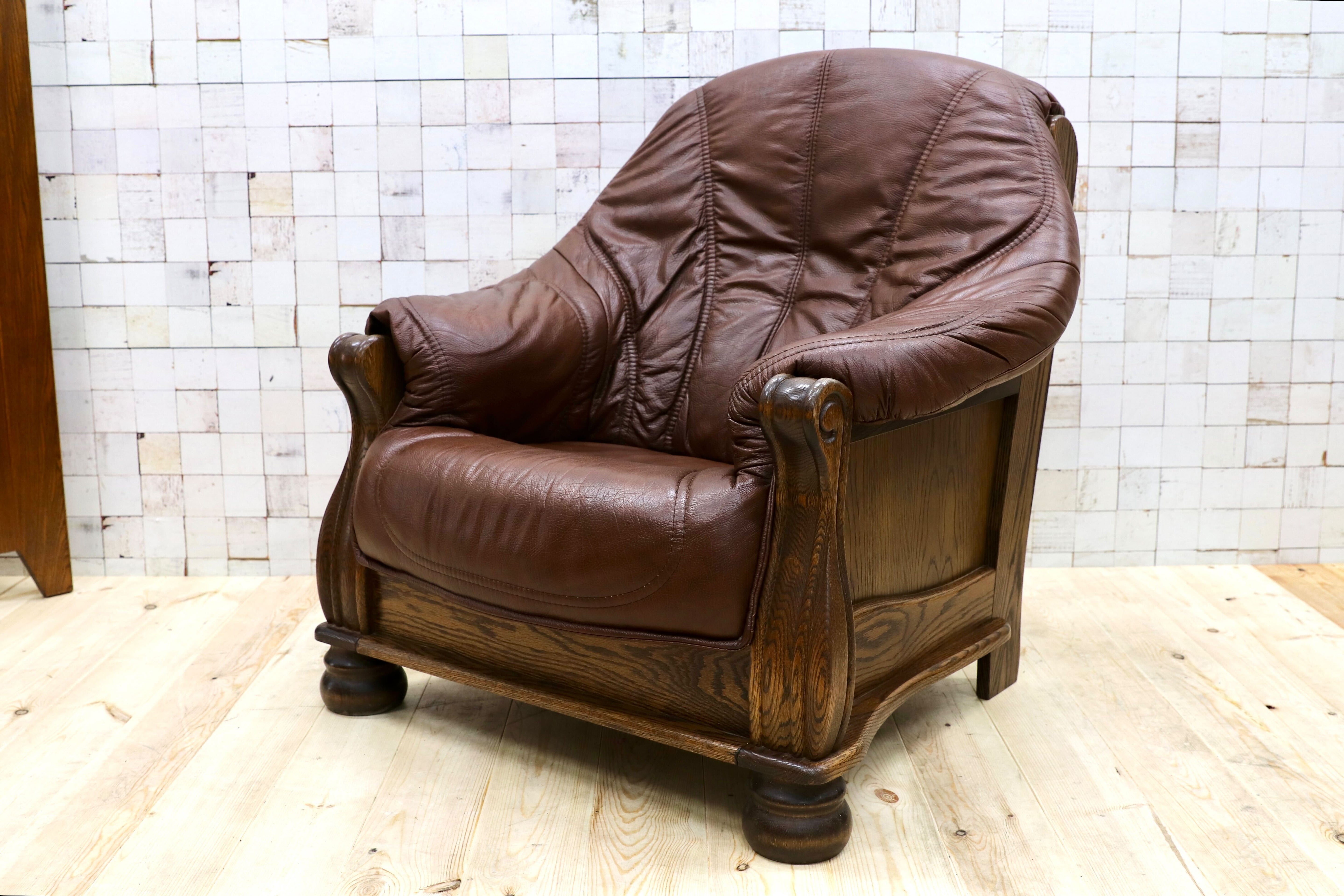 GMGT226B○オランダ製 ダッチカントリー 1人掛けソファ シングルソファ オーク材 本革 応接 リビング チェア 椅子 約35万 ヴィンテージ