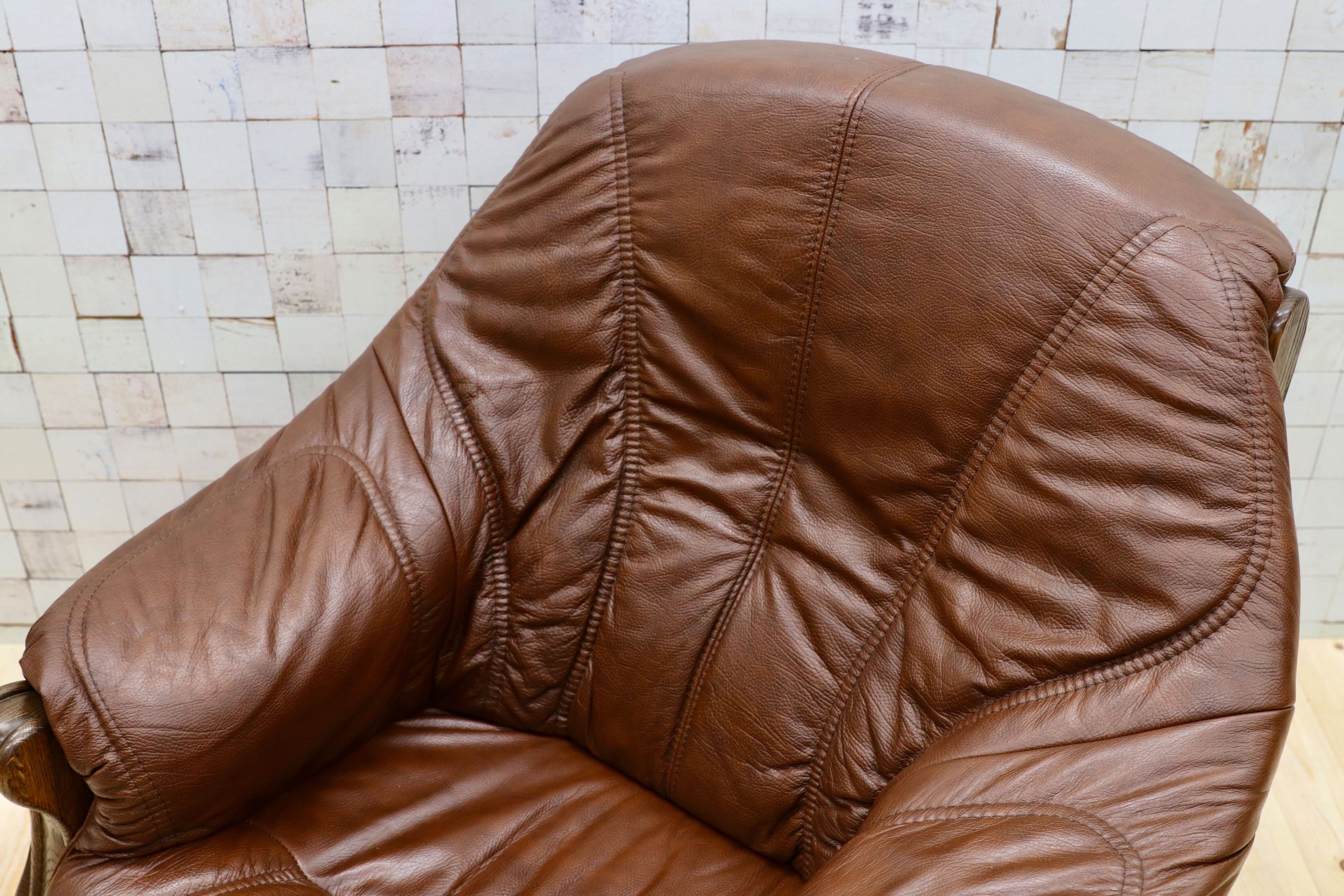 GMGT226B○オランダ製 ダッチカントリー 1人掛けソファ シングルソファ オーク材 本革 応接 リビング チェア 椅子 約35万 ヴィンテージ