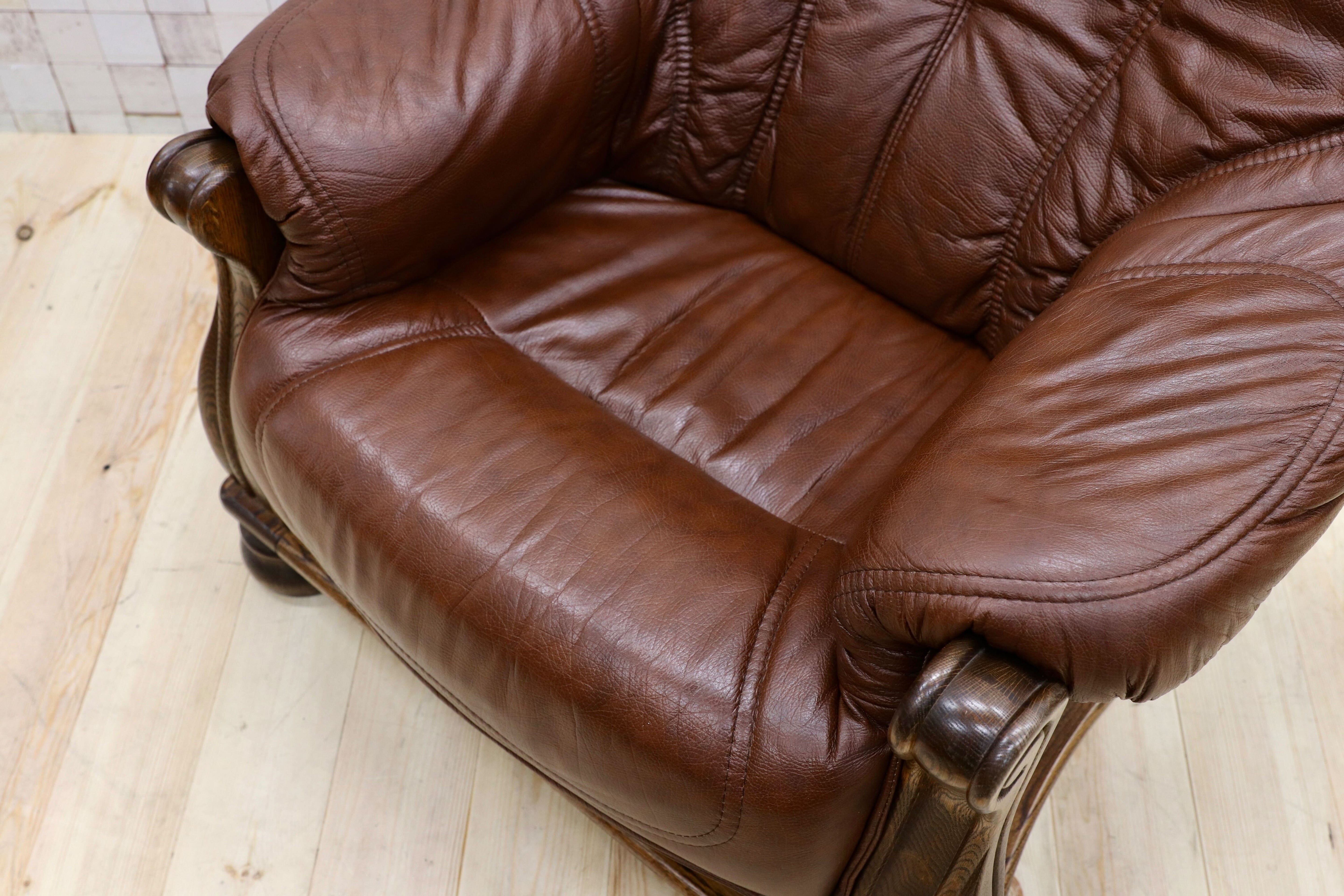 GMGT226B○オランダ製 ダッチカントリー 1人掛けソファ シングルソファ オーク材 本革 応接 リビング チェア 椅子 約35万 ヴィンテージ