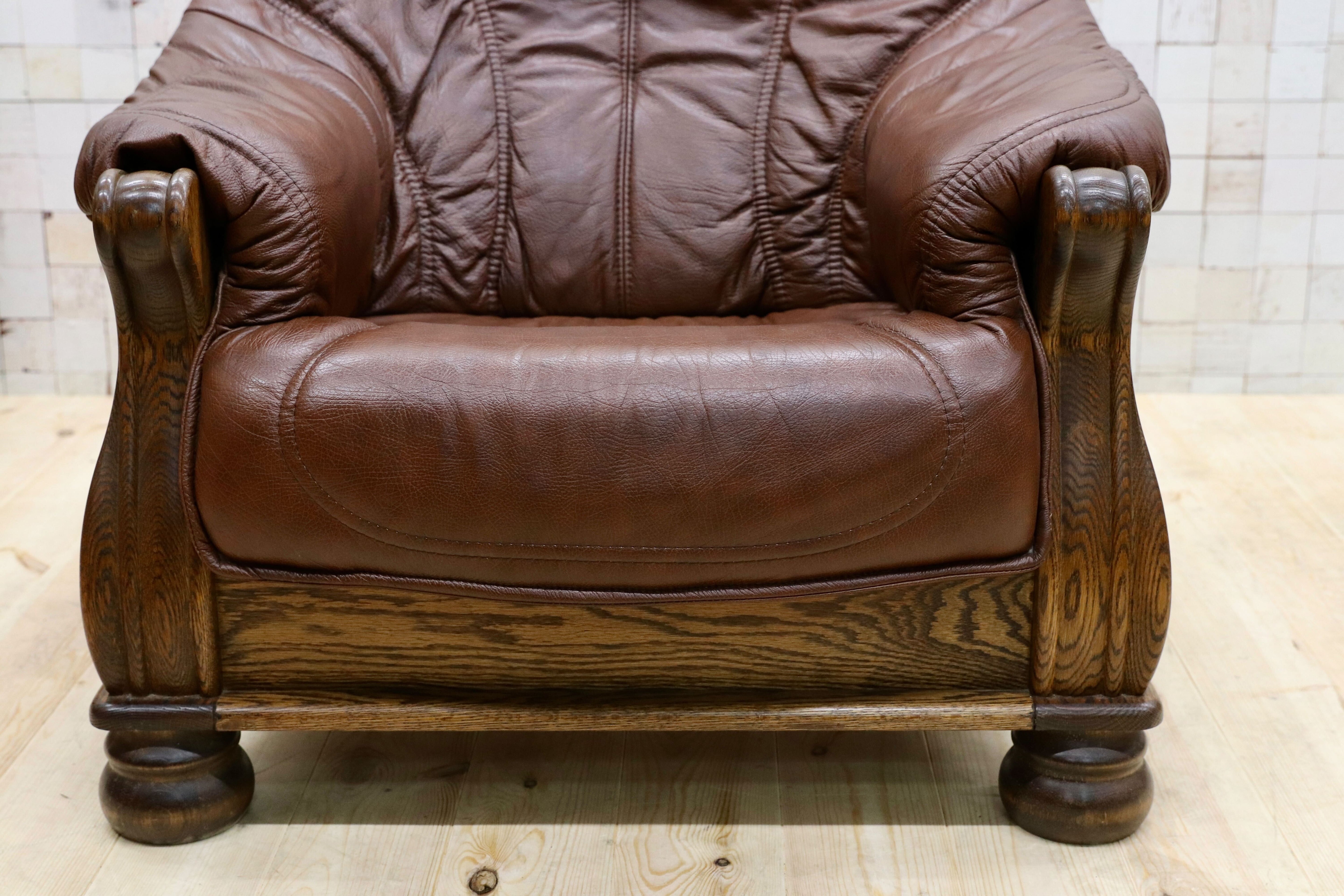 GMGT226B○オランダ製 ダッチカントリー 1人掛けソファ シングルソファ オーク材 本革 応接 リビング チェア 椅子 約35万 ヴィンテージ