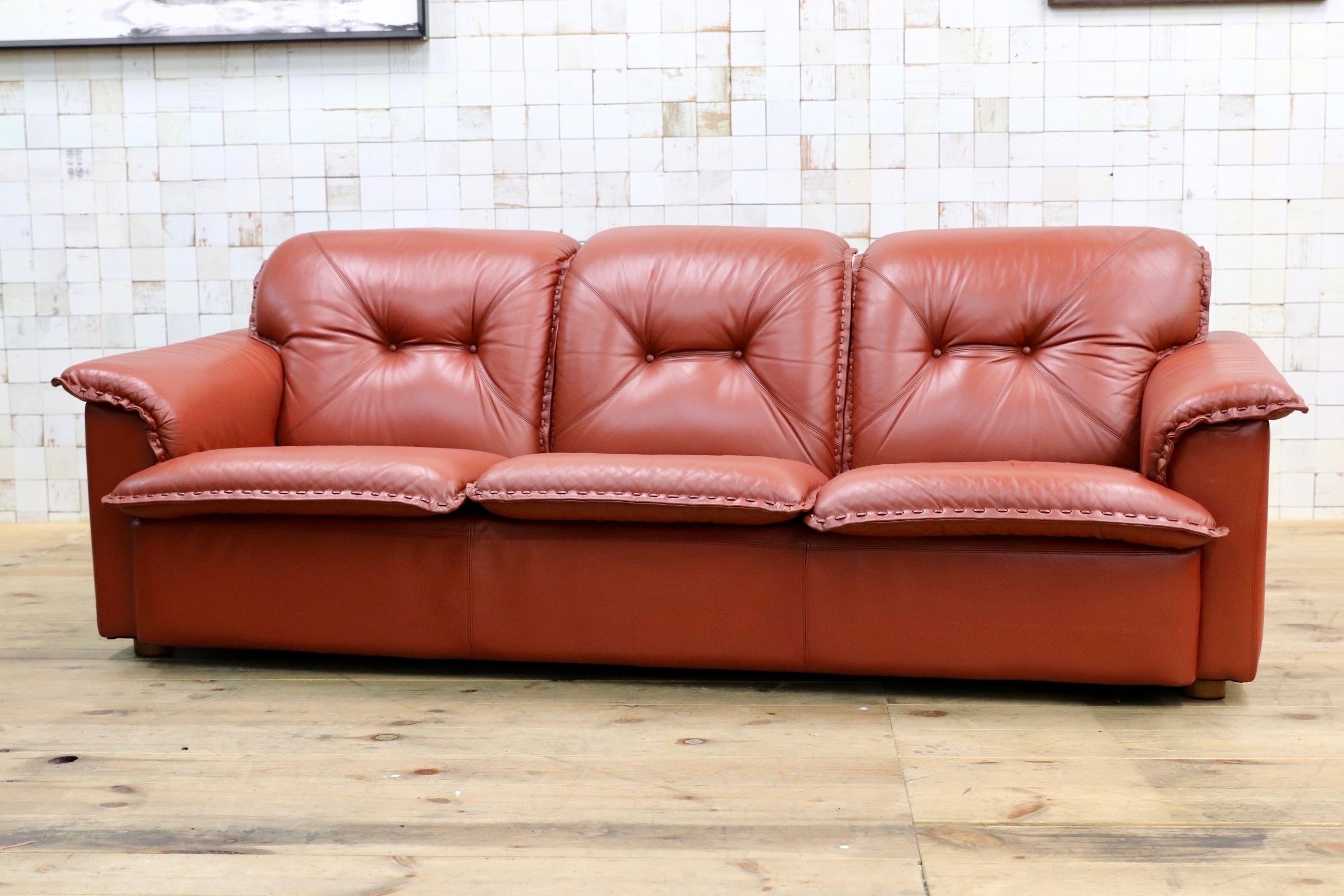 GMJN8C○FUJI FURNITURE / 冨士ファニチア 総本革 3人掛けソファ トリプルソファ 国産家具 ヴィンテージ 80年代 稀少
