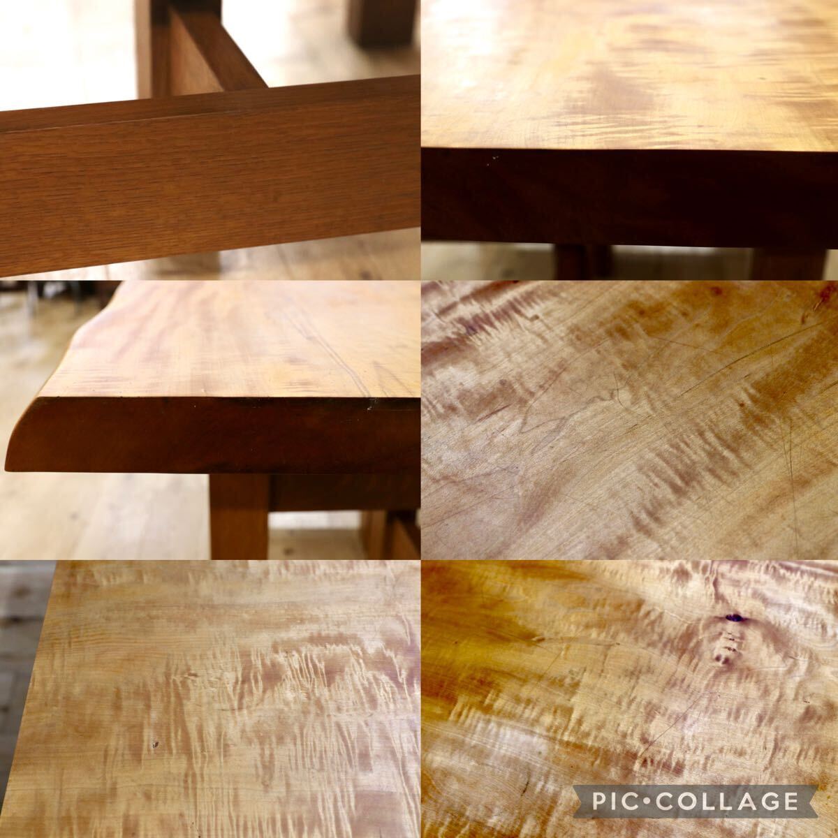 GMJH335○栃 トチ 一枚板 テーブル 無垢材 天然木 縮み杢 玉杢 木組み脚 作業台 ダイニングテーブル 国産家具