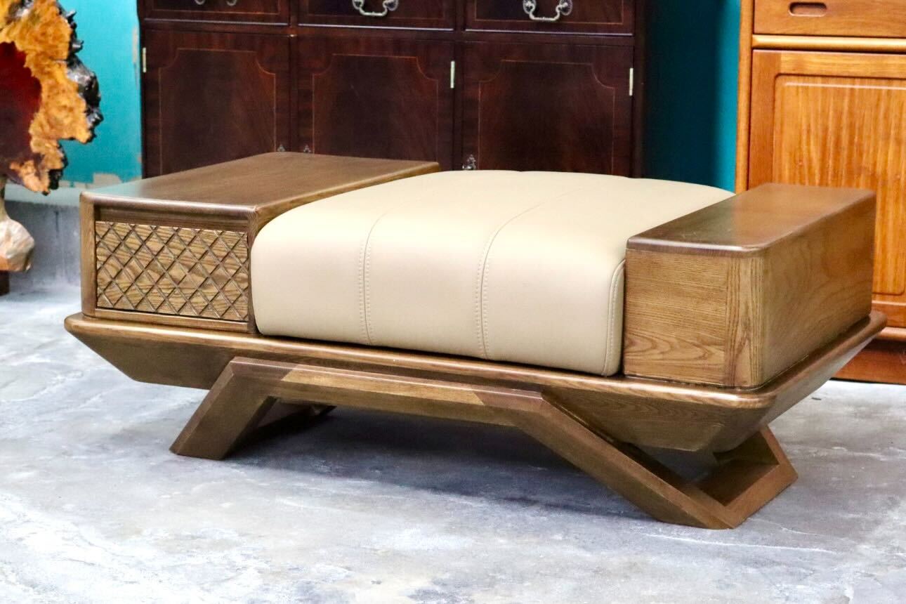 GMIS273○シングルソファ 1人掛けソファ ベンチ 椅子 本革 引き出し 収納付き 木製 無垢材 彫り クラシック アジアン 展示品