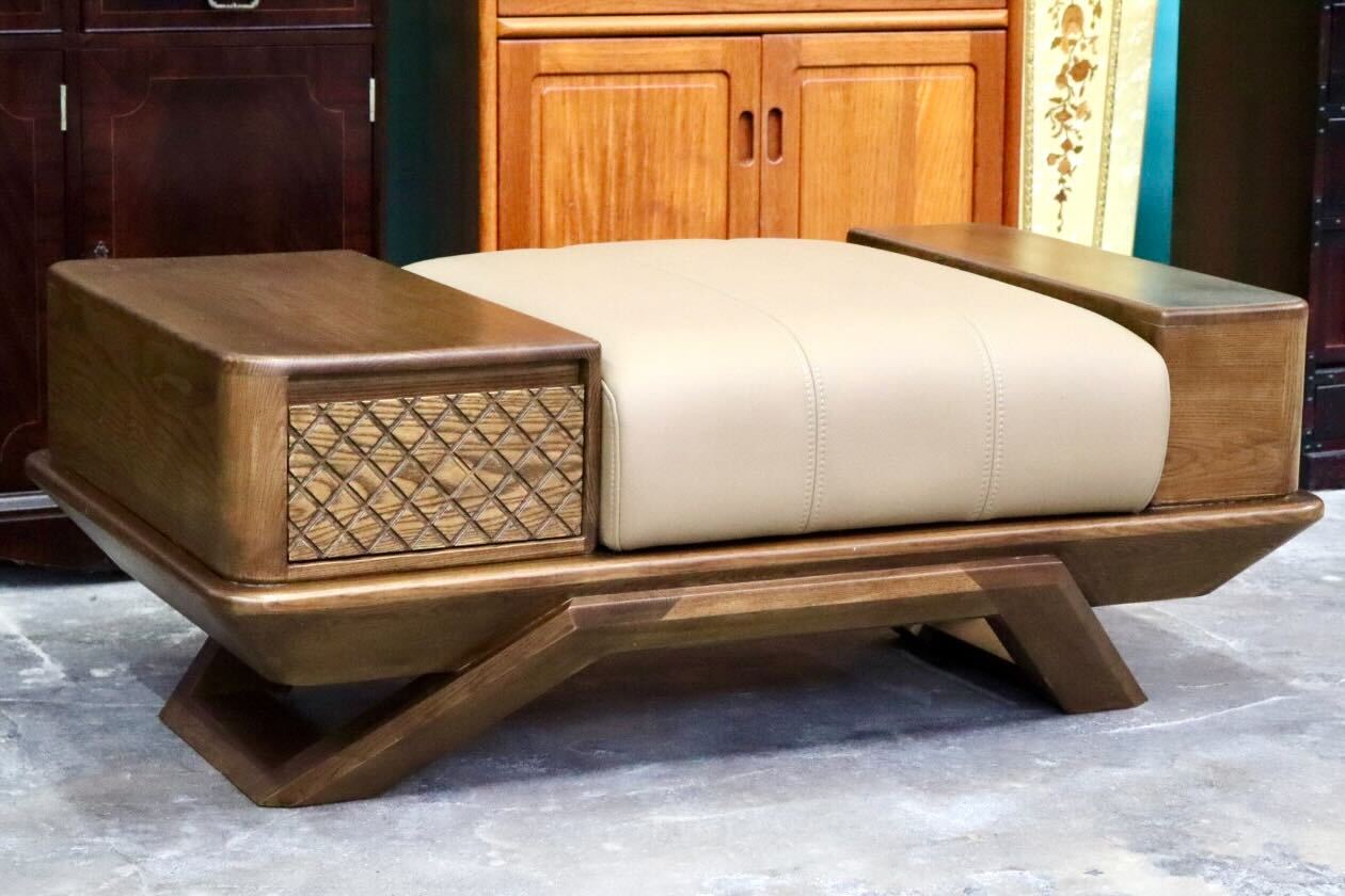 GMIS273○シングルソファ 1人掛けソファ ベンチ 椅子 本革 引き出し 収納付き 木製 無垢材 彫り クラシック アジアン 展示品