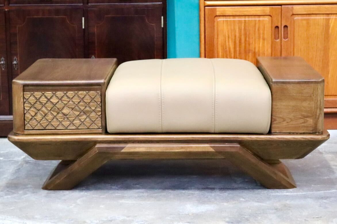 GMIS273○シングルソファ 1人掛けソファ ベンチ 椅子 本革 引き出し 収納付き 木製 無垢材 彫り クラシック アジアン 展示品