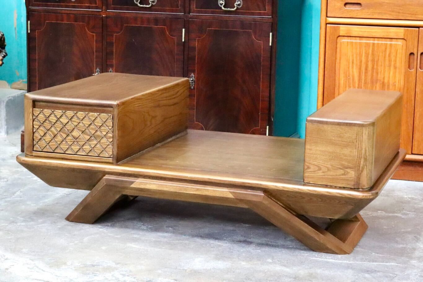 GMIS273○シングルソファ 1人掛けソファ ベンチ 椅子 本革 引き出し 収納付き 木製 無垢材 彫り クラシック アジアン 展示品