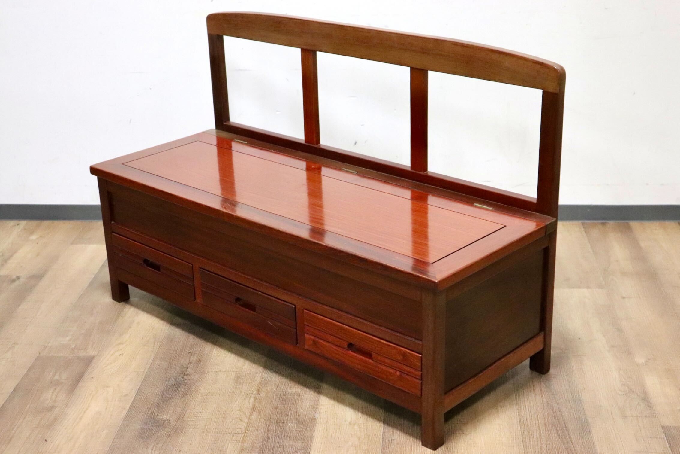 GMHH266○唐木 花梨 無垢材 ダイニングチェア 囲炉裏ベンチ 食卓椅子 和家具 収納付き 炉端 和モダン 漆塗り レトロ アンティーク 希少