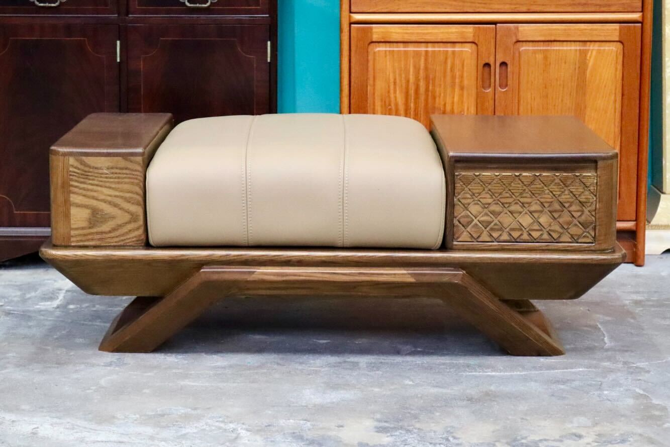 GMIS273○シングルソファ 1人掛けソファ ベンチ 椅子 本革 引き出し 収納付き 木製 無垢材 彫り クラシック アジアン 展示品