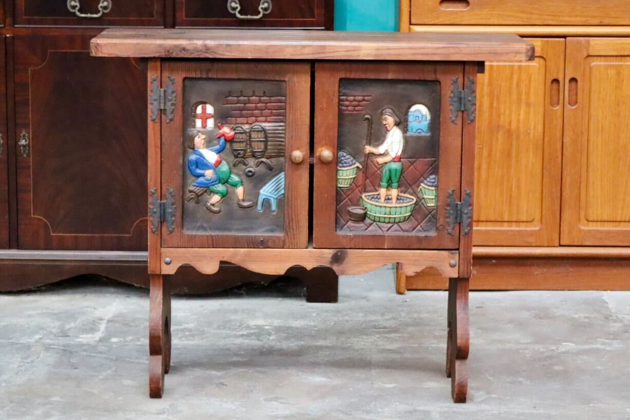 GMIK454○スペイン家具 キャビネット ラック サイドボード 収納棚 飾り台 花台 木製 無垢材 木彫り ハンドペイント クラシック レトロ