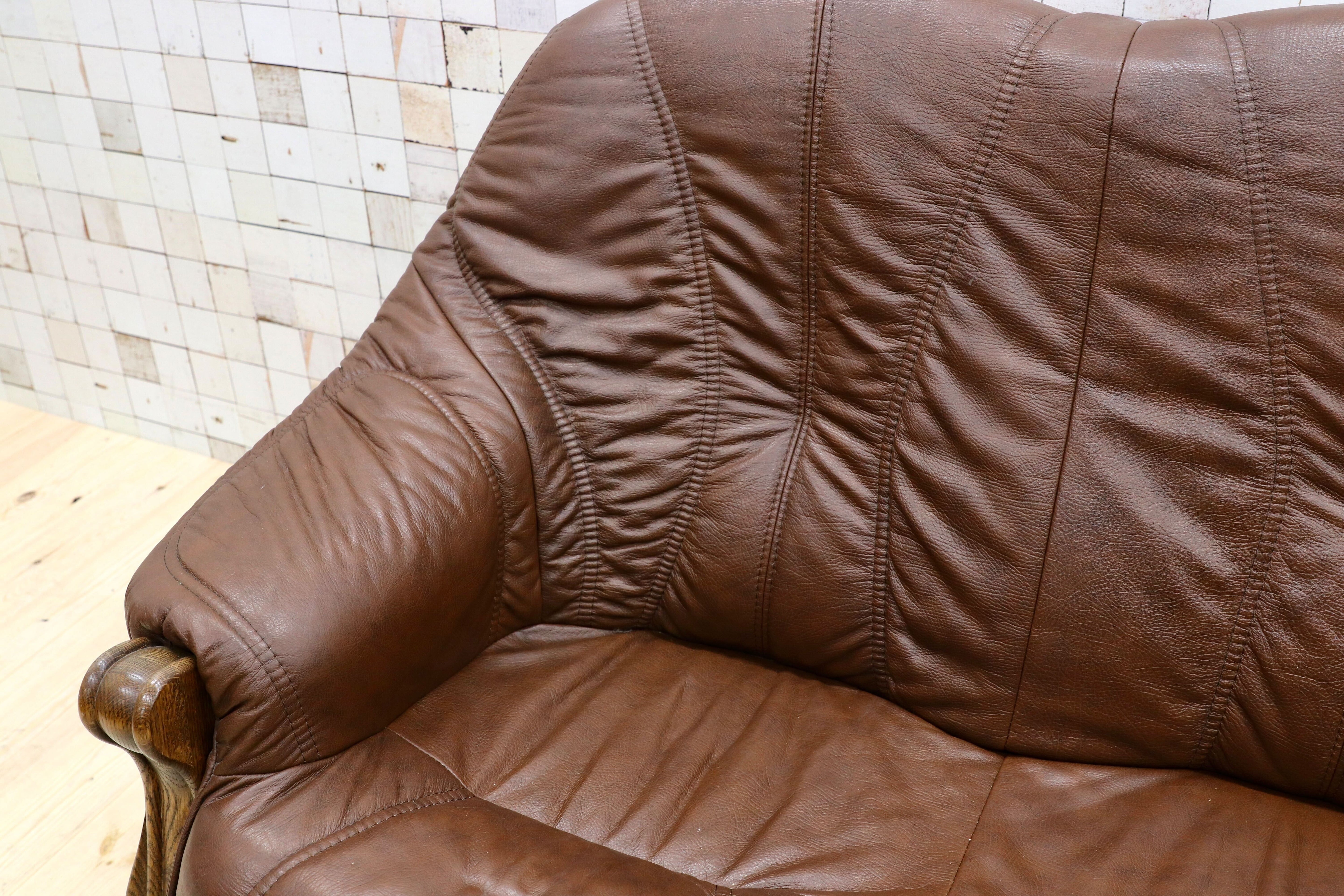 GMGT226○オランダ製 ダッチカントリー 3人掛けソファ トリプルソファ オーク材 本革 応接 リビング チェア 椅子 約70万 ヴィンテージ