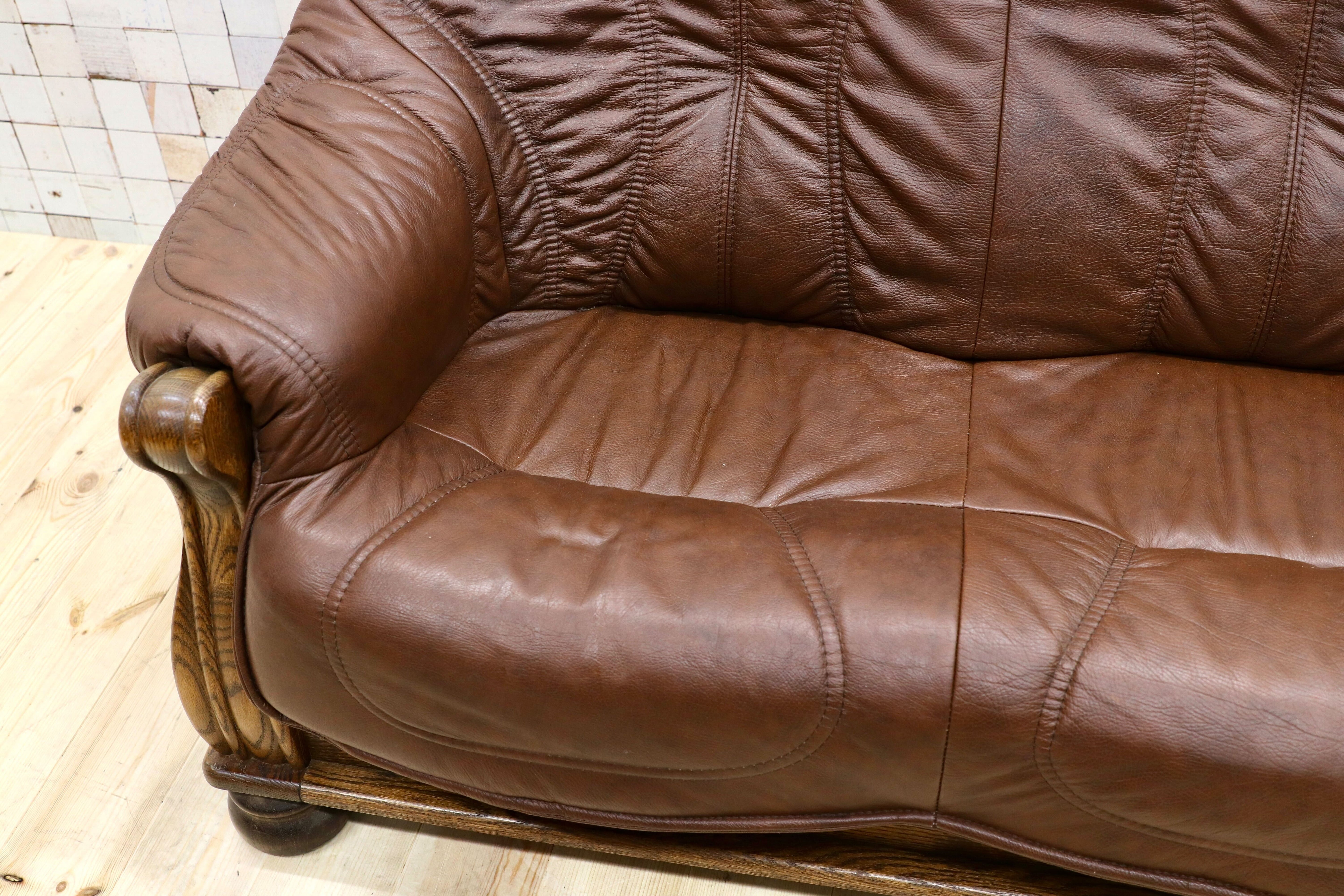 GMGT226○オランダ製 ダッチカントリー 3人掛けソファ トリプルソファ オーク材 本革 応接 リビング チェア 椅子 約70万 ヴィンテージ