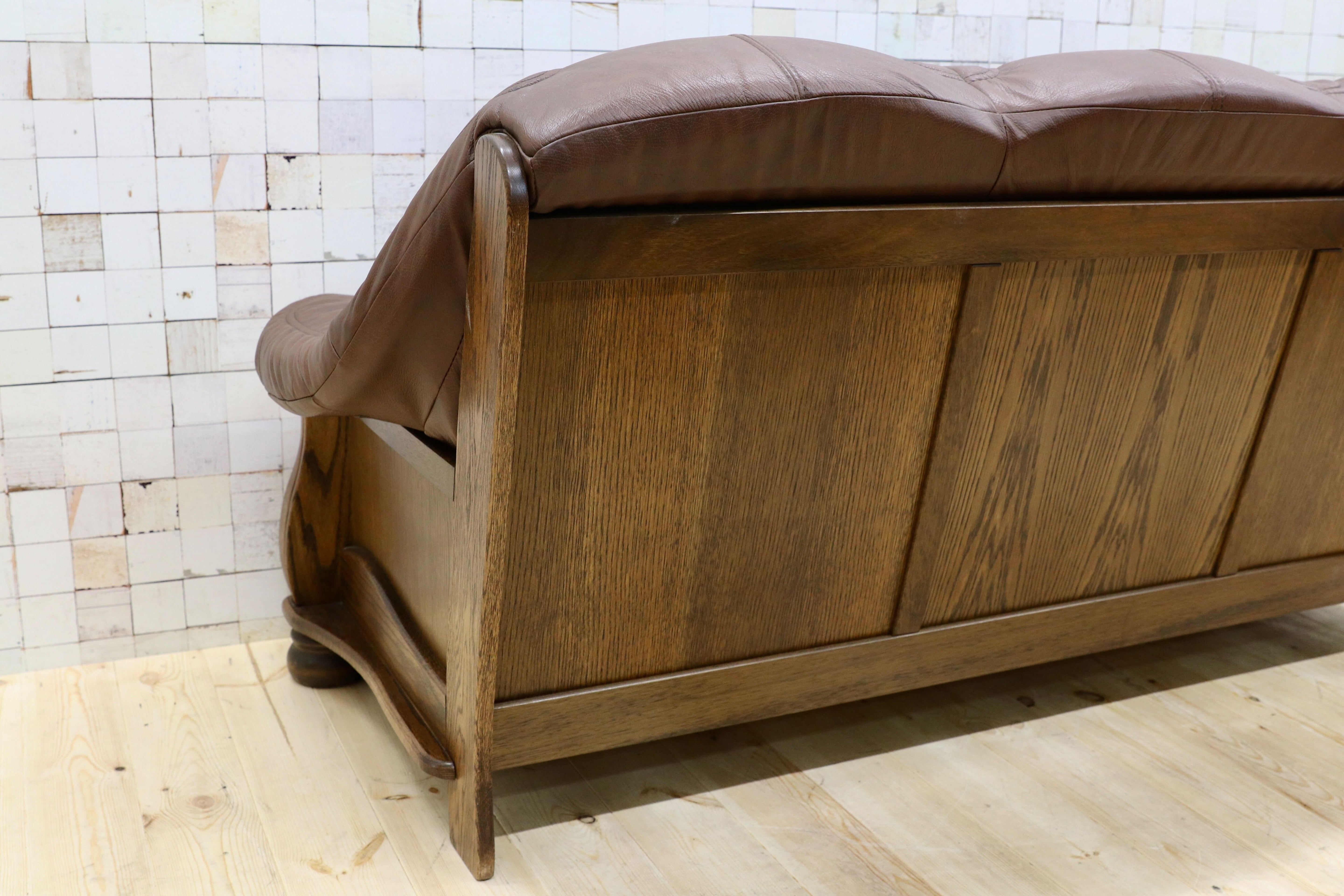 GMGT226○オランダ製 ダッチカントリー 3人掛けソファ トリプルソファ オーク材 本革 応接 リビング チェア 椅子 約70万 ヴィンテージ