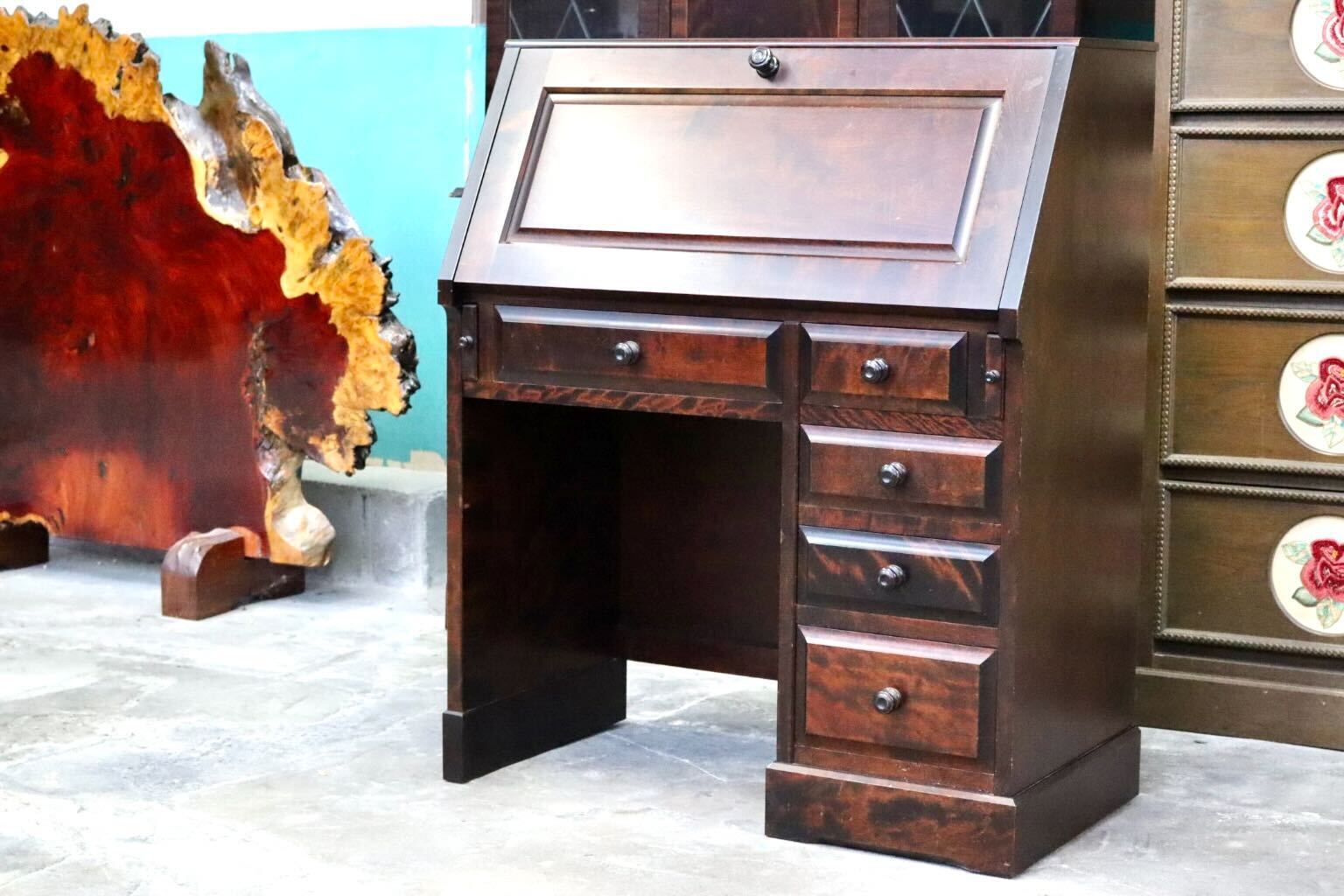 GMIS324○北海道民芸家具 ライティングビューロー デスク 学習机 勉強机 樺材 無垢 作業台 和室 座敷 和家具 古民家 和モダン アンティーク