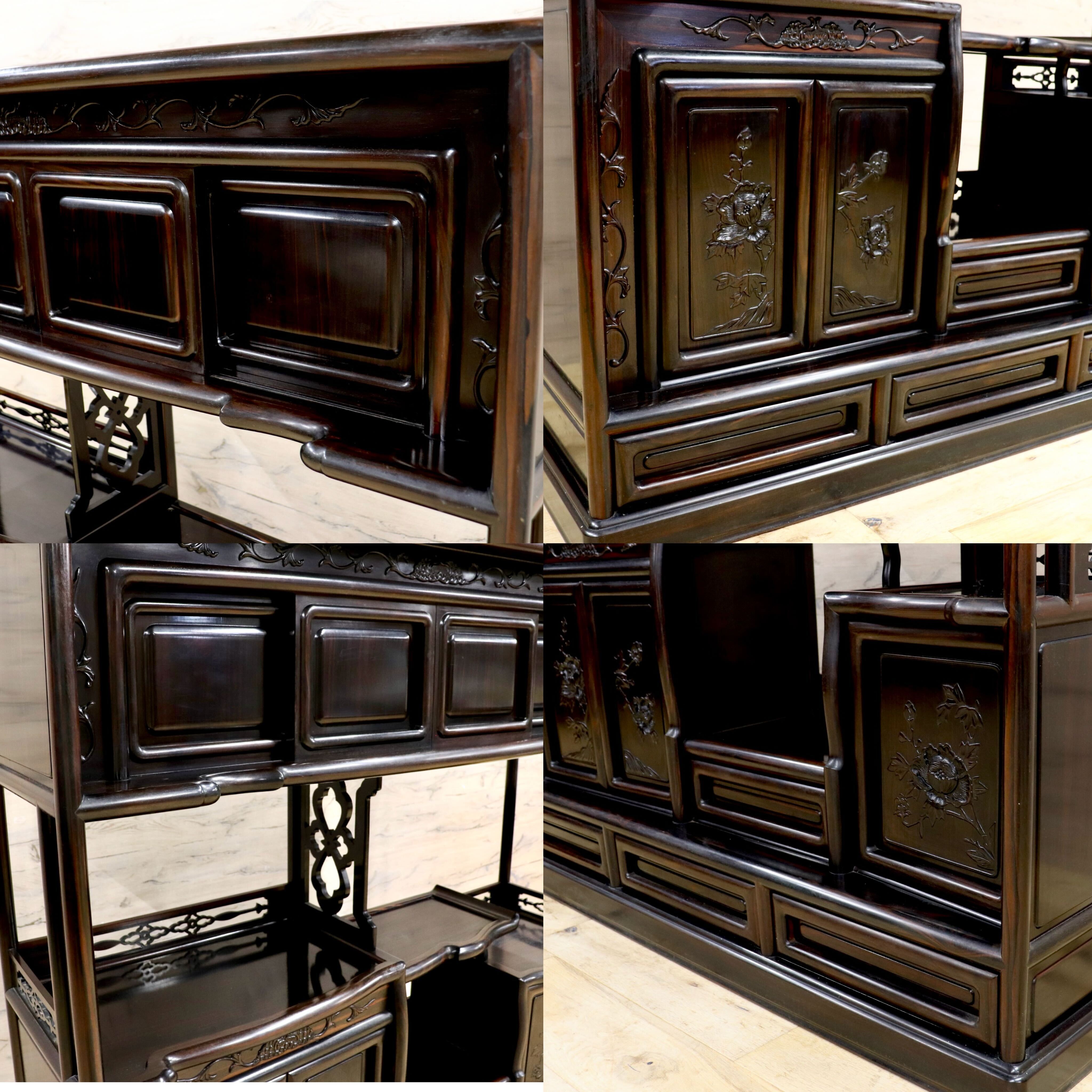 GMIH344○黒檀 茶棚 飾り棚 違い棚 サイドボード キャビネット 唐木家具 透かし彫り 和家具 レトロ 和室 和モダン 唐木家具 アンティーク