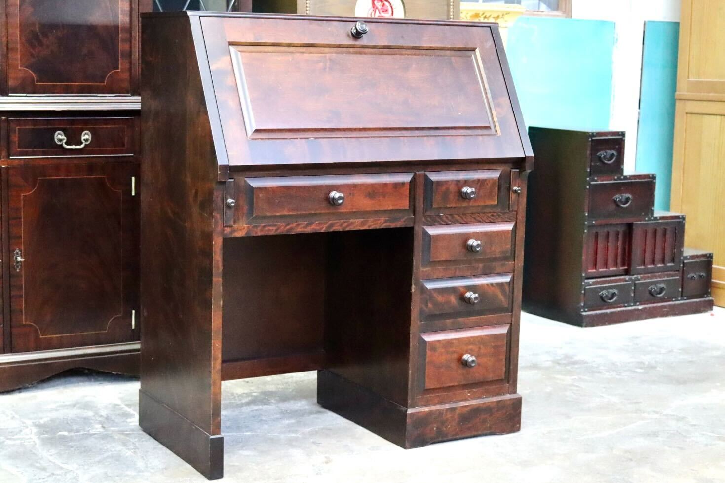 GMIS324○北海道民芸家具 ライティングビューロー デスク 学習机 勉強机 樺材 無垢 作業台 和室 座敷 和家具 古民家 和モダン アンティーク