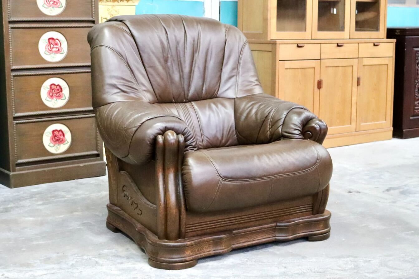 GMIK622A○オランダ製 ダッチカントリー 1人掛けソファ シングルソファ オーク材 本革 応接 リビング ブラウン ヴィンテージ 約35万