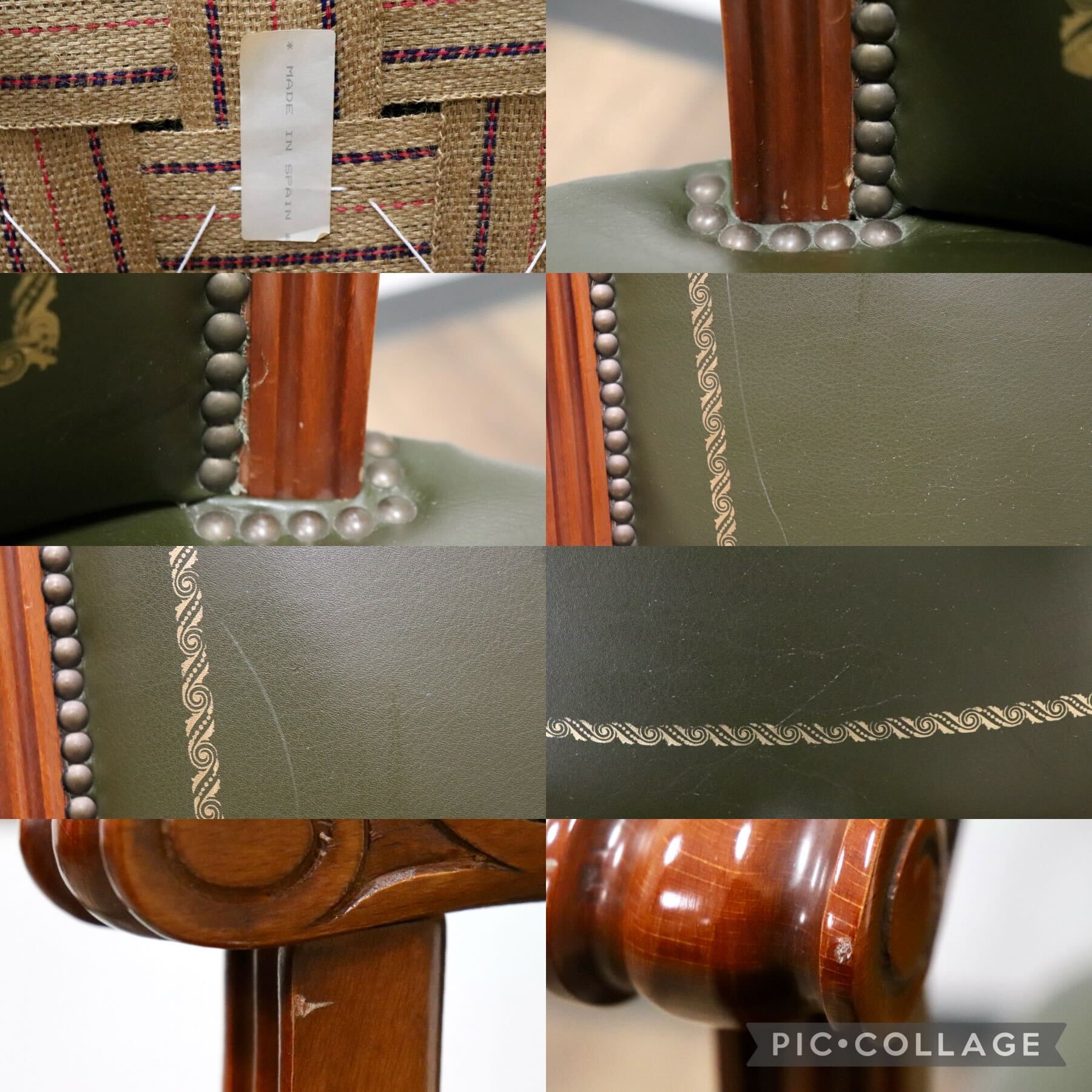 GMHS84A○スペイン製 ダイニングチェア アームチェア 食卓椅子 椅子 チェア 彫刻 鋲打ち レザー アンティーク クラシック ヨーロピアン