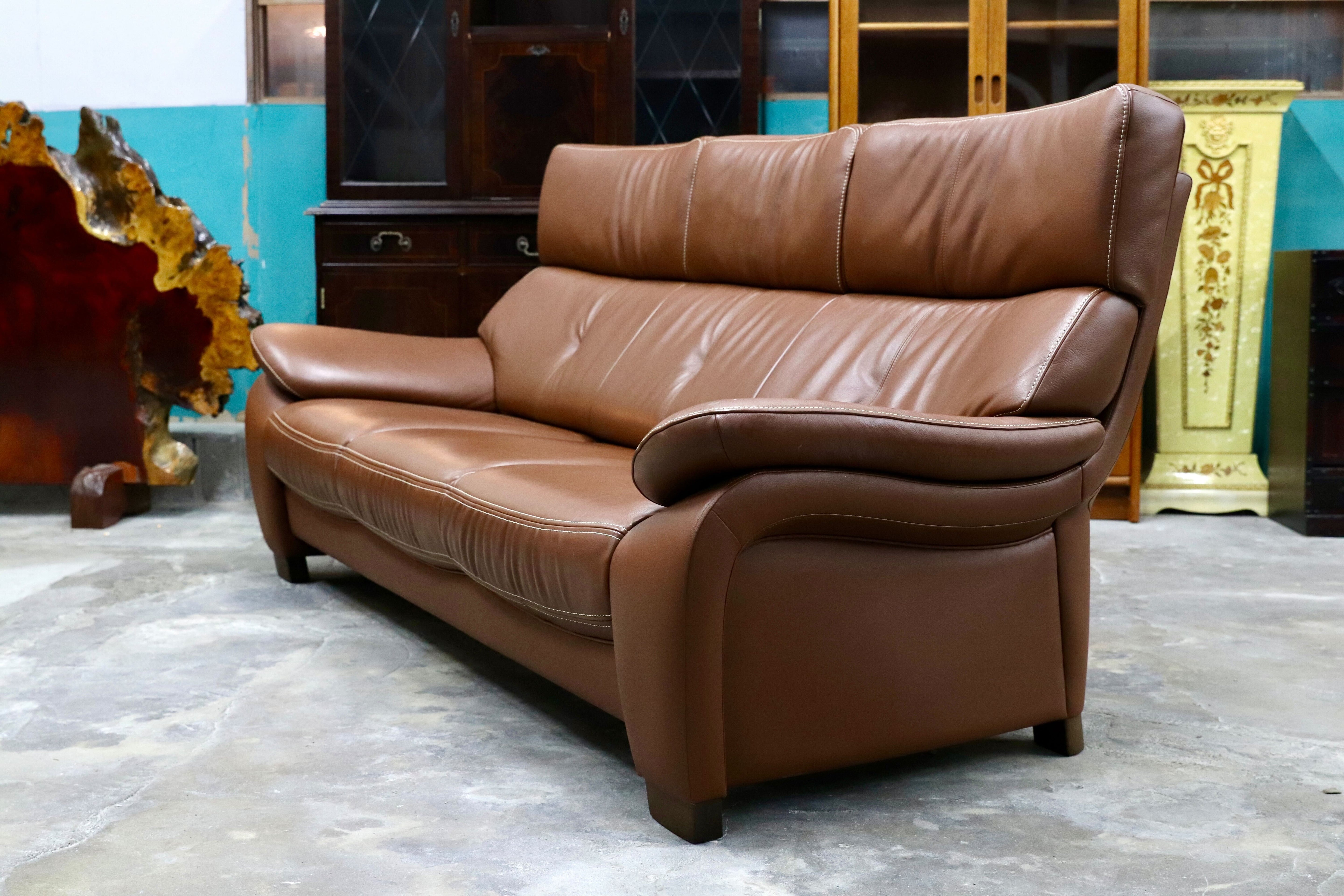 GMIK520○karimoku / カリモク ZW73モデル 3人掛けソファ トリプルソファ ブラウン 長椅子 本革 国産家具 定価約39.4万