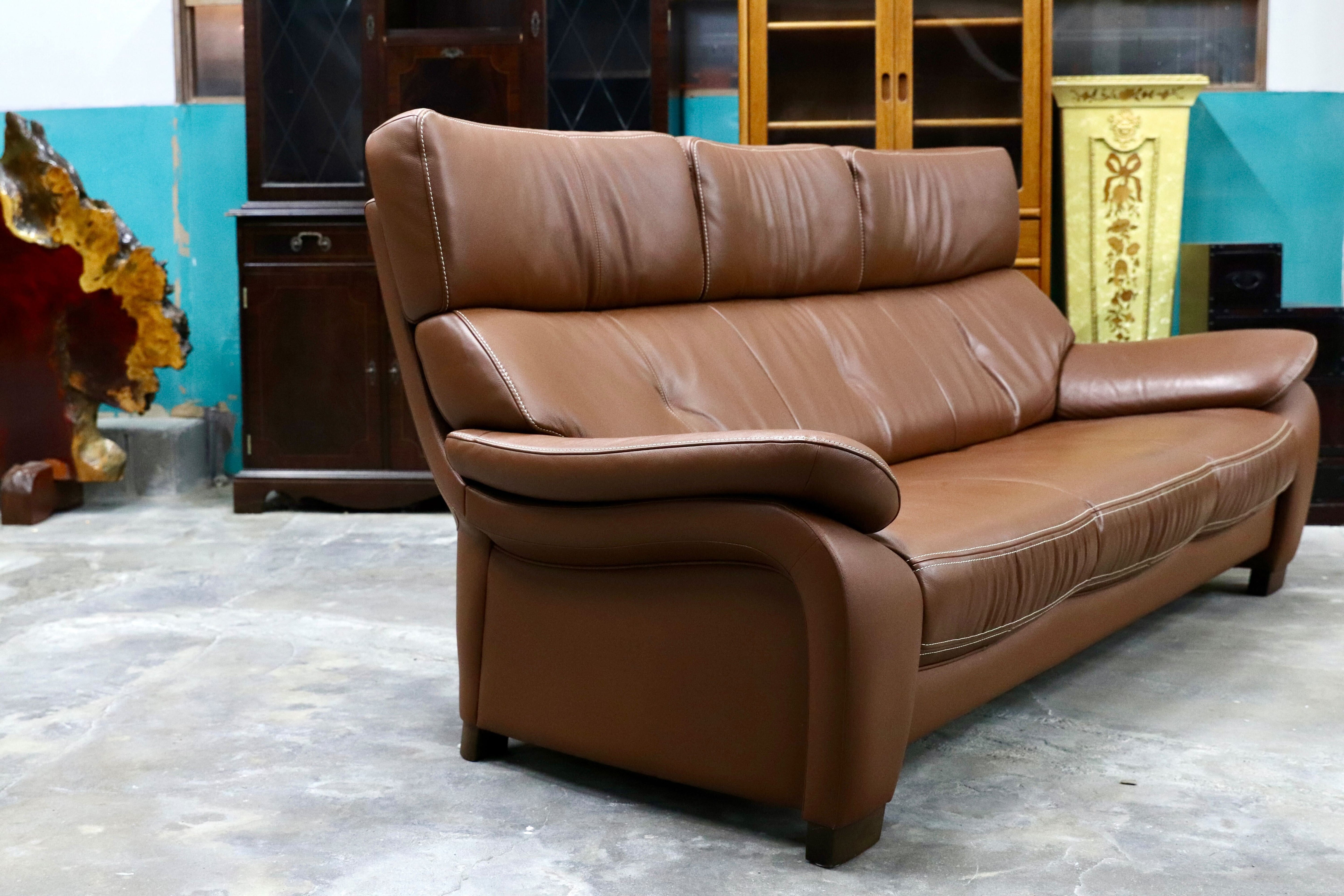 GMIK520○karimoku / カリモク ZW73モデル 3人掛けソファ トリプルソファ ブラウン 長椅子 本革 国産家具 定価約39.4万