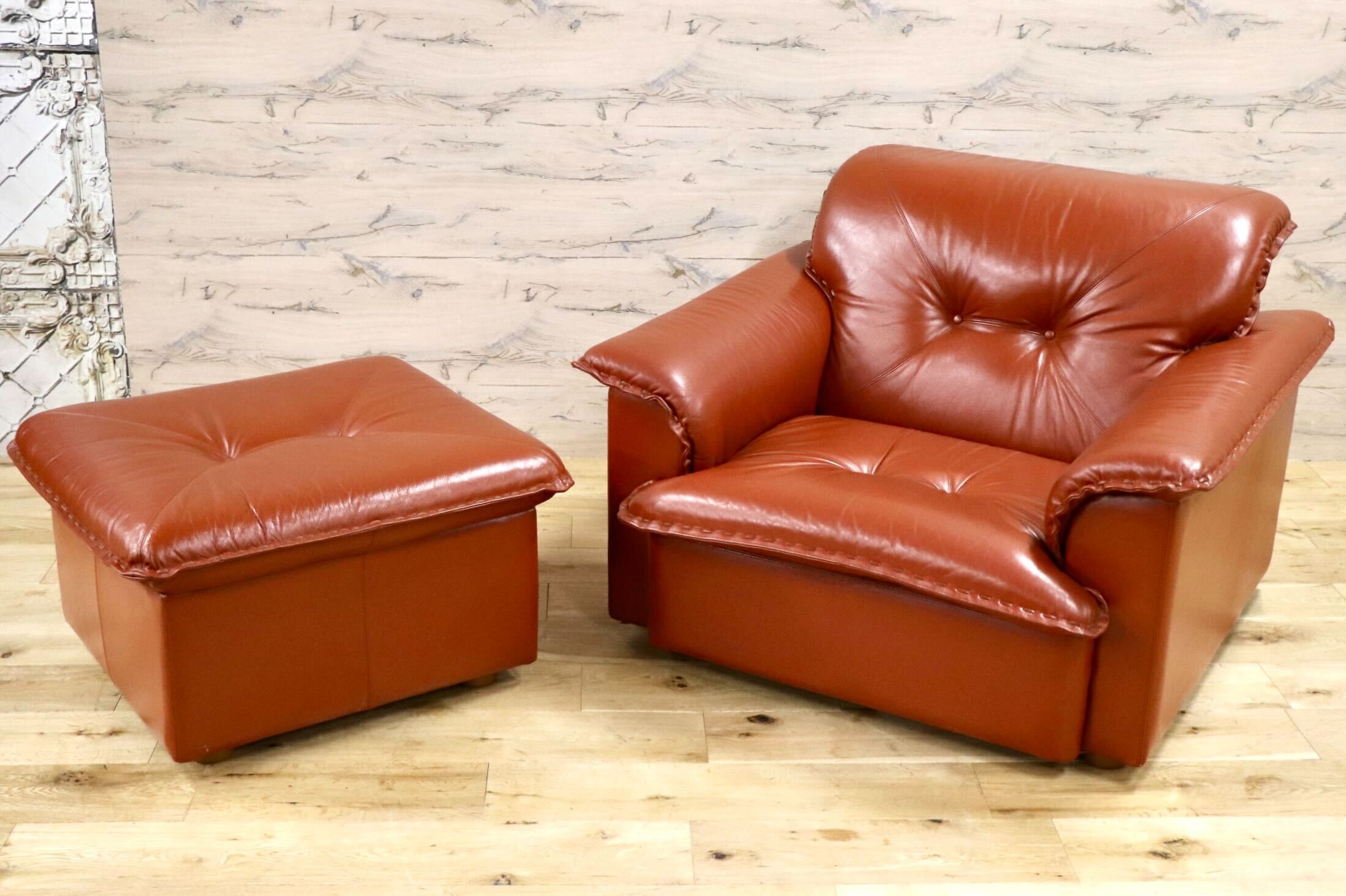 GMJS14B○冨士ファニチア / FUJI FURNITURE ラウンジチェア オットマン 本革 日本製 ヴィンテージ ラウンジソファ ジャパニーズモダン 稀少