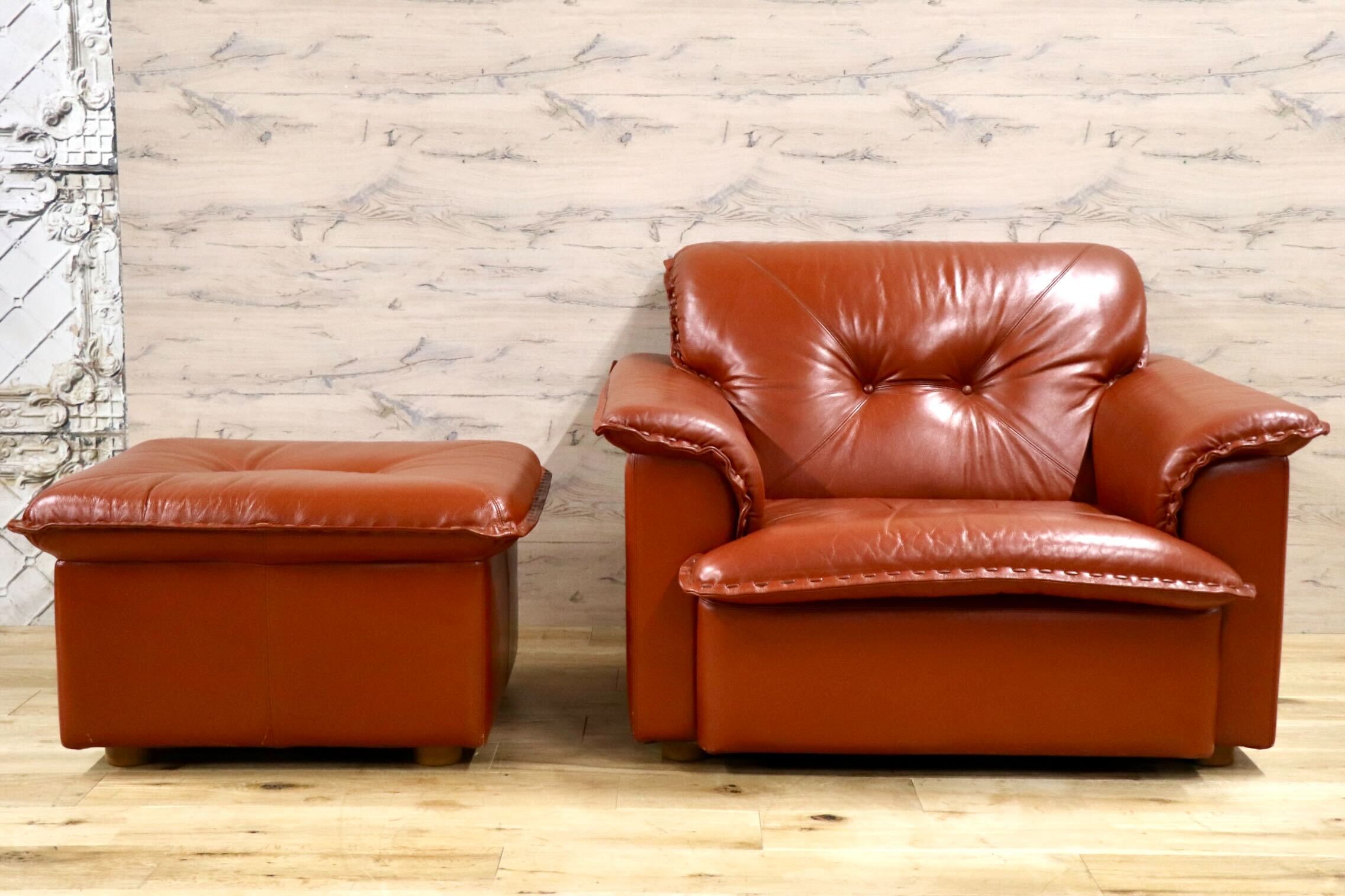 GMJS14B○冨士ファニチア / FUJI FURNITURE ラウンジチェア オットマン 本革 日本製 ヴィンテージ ラウンジソファ ジャパニーズモダン 稀少