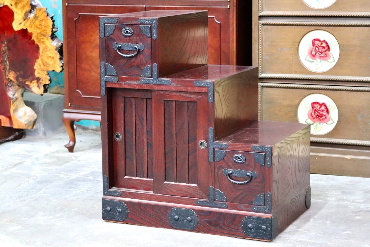 GMIH321C○筑後民芸 階段箪笥 両面 時代箪笥 和家具 和モダン 和室 座敷 古民家 チェスト 整理箪笥 引き出し収納 アンティーク レトロ