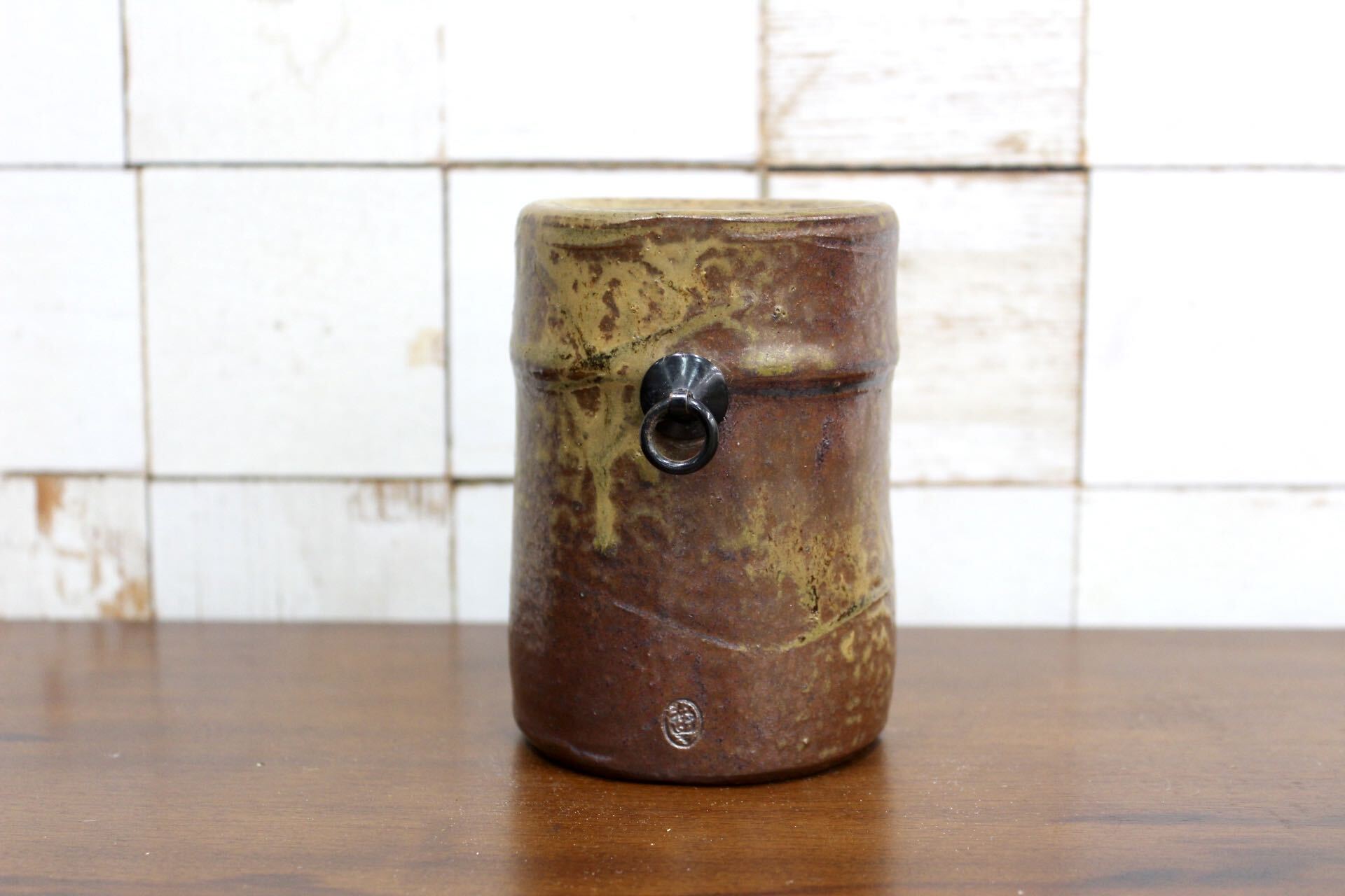 GMJK371G〇紀州瑞芝焼 掛花入 竹節 鐶付 茶道具 華道具 花瓶 床の間 骨董 古美術 共箱 未使用