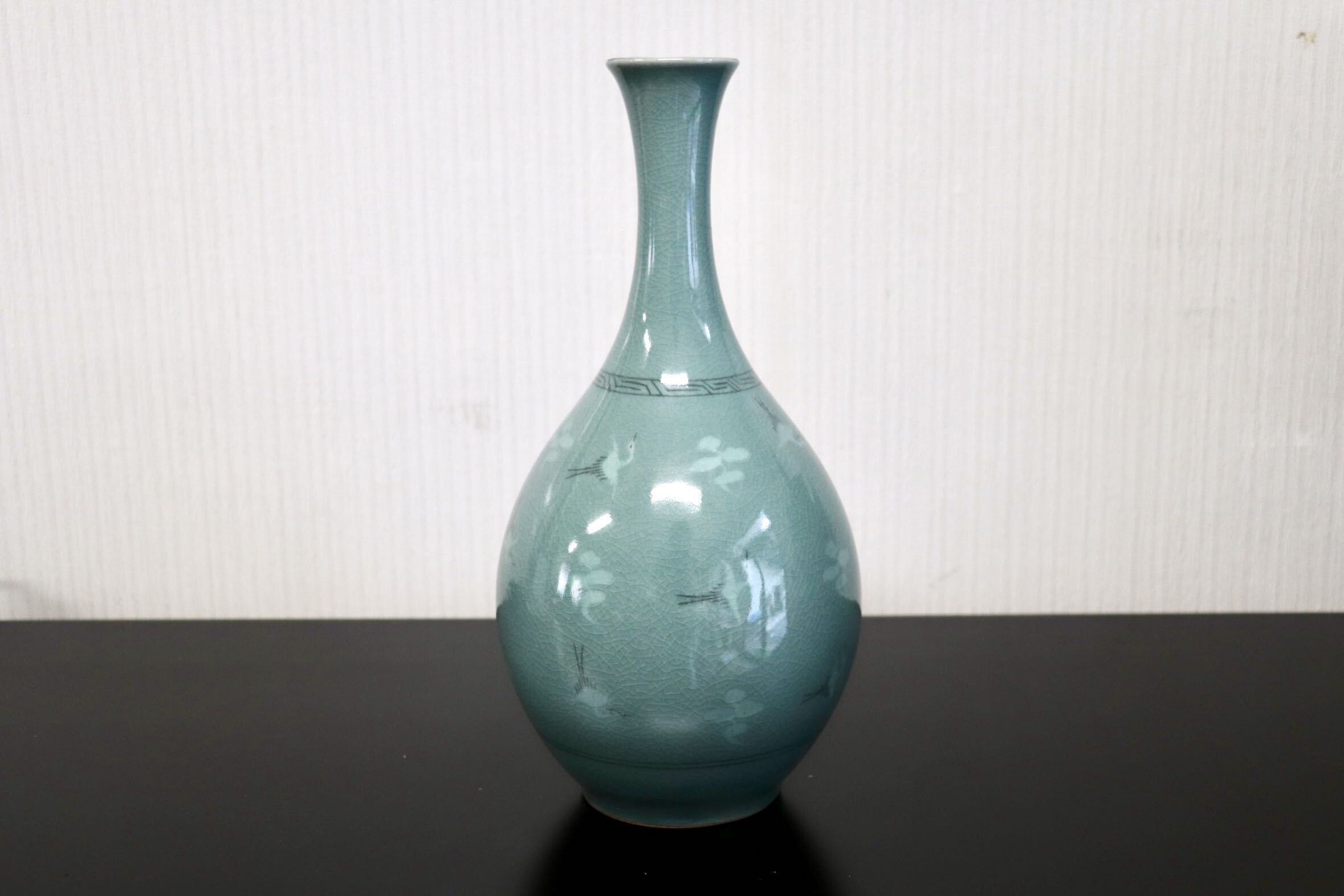 GMJK374N○趙京洙作 高麗青磁 鶴首花瓶 大花瓶 雲鶴図 韓国青磁 趙