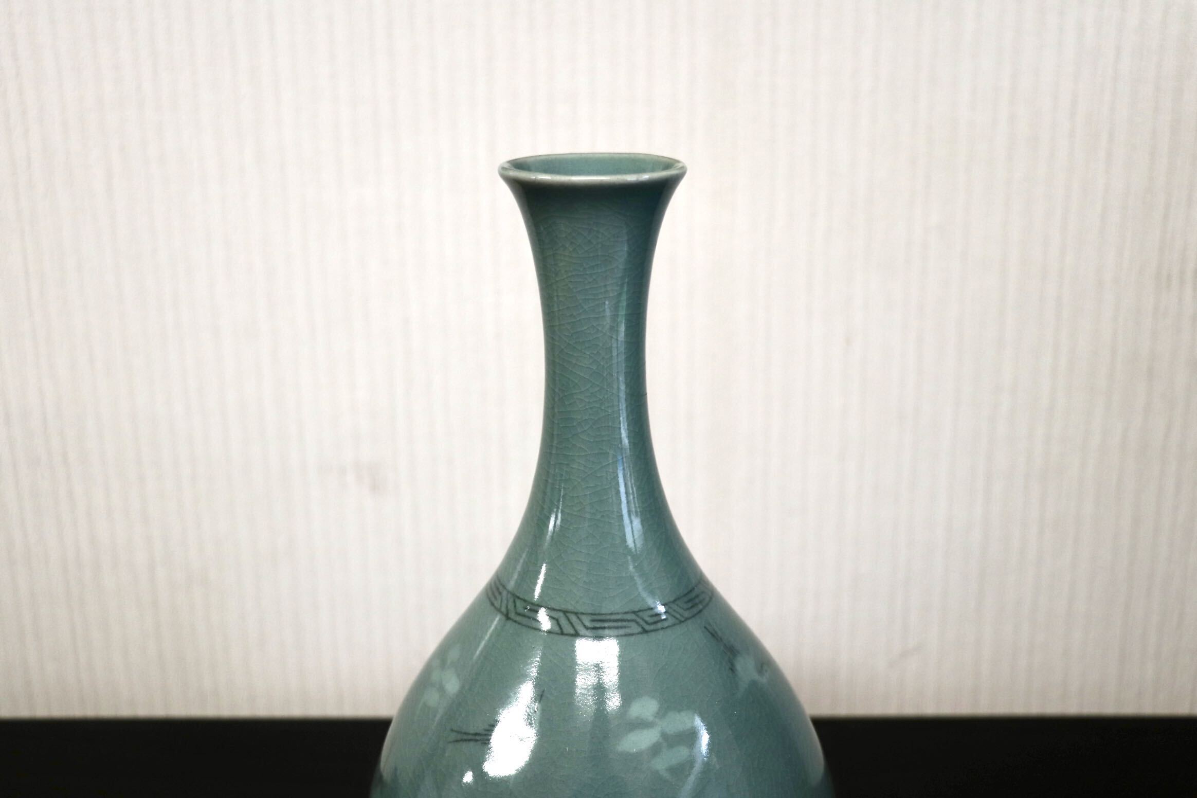 GMJK374N○趙京洙作 高麗青磁 鶴首花瓶 大花瓶 雲鶴図 韓国青磁 趙京陶芸 共箱 趙京青磁民俗陶芸