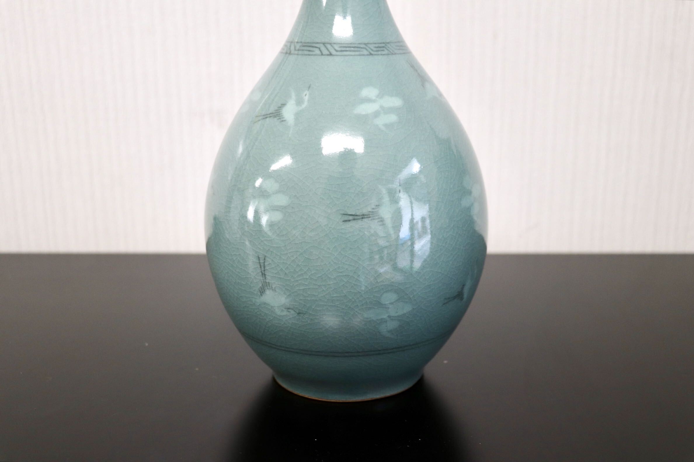 GMJK374N○趙京洙作 高麗青磁 鶴首花瓶 大花瓶 雲鶴図 韓国青磁 趙