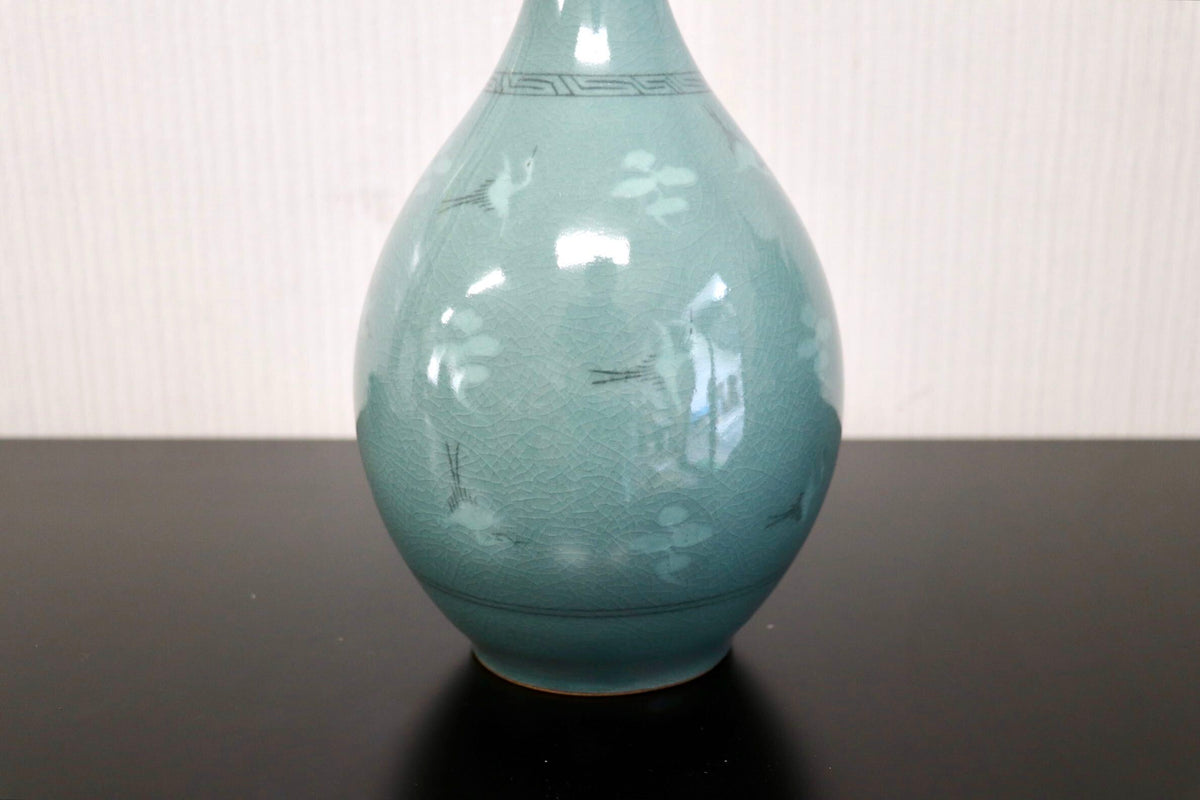 GMJK374N○趙京洙作 高麗青磁 鶴首花瓶 大花瓶 雲鶴図 韓国青磁 趙京陶芸 共箱 趙京青磁民俗陶芸