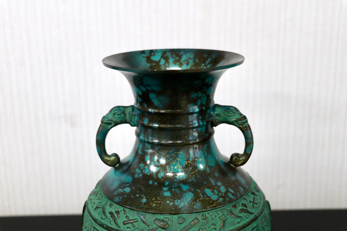 GMJK374P◯鋳銅花瓶 青銅双耳花瓶 古代文様鋳銅花器 緑青仕上げ大壺 饕餮文様銅器 双耳饕餮文花生 置物 インテリア 共箱