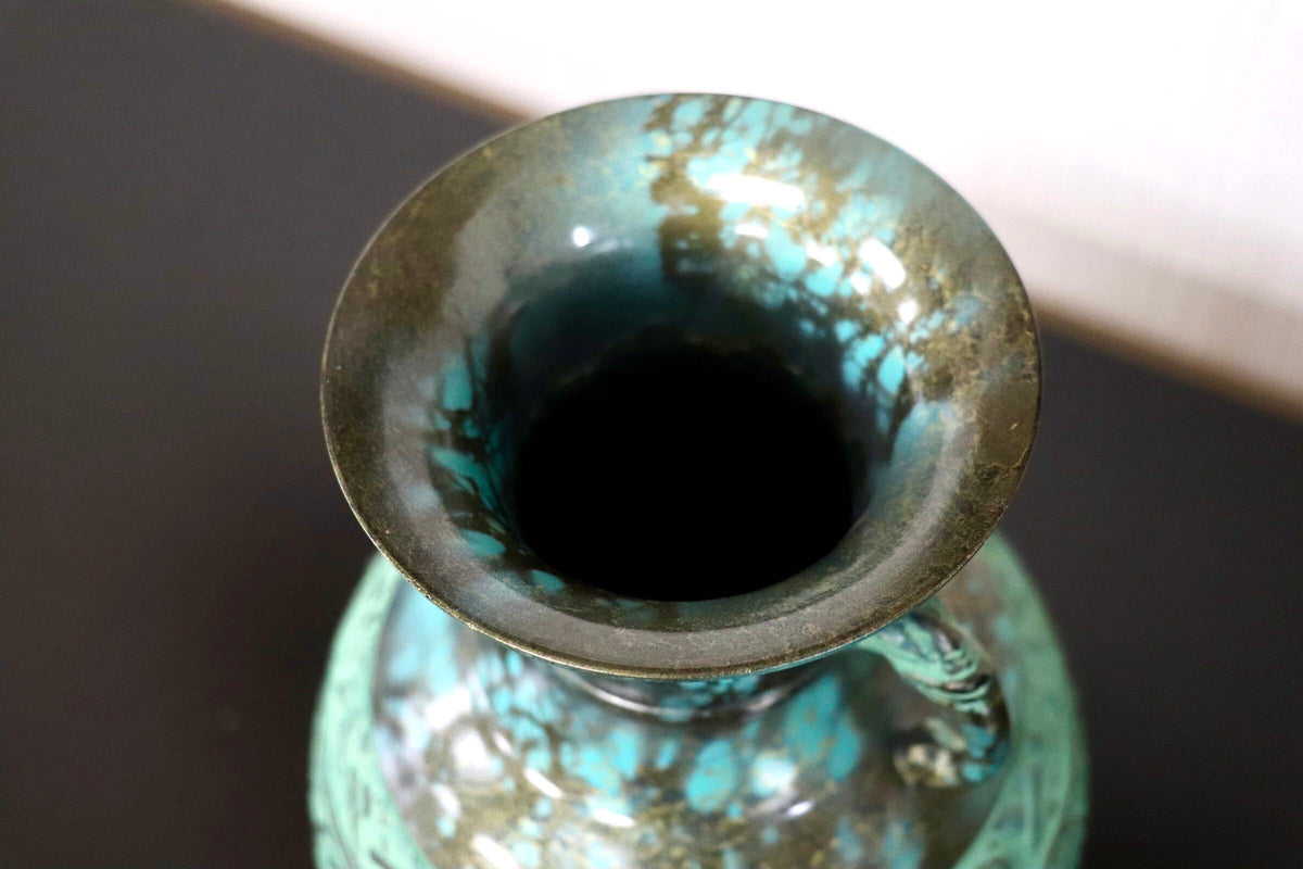 GMJK374P◯鋳銅花瓶 青銅双耳花瓶 古代文様鋳銅花器 緑青仕上げ大壺 饕餮文様銅器 双耳饕餮文花生 置物 インテリア 共箱
