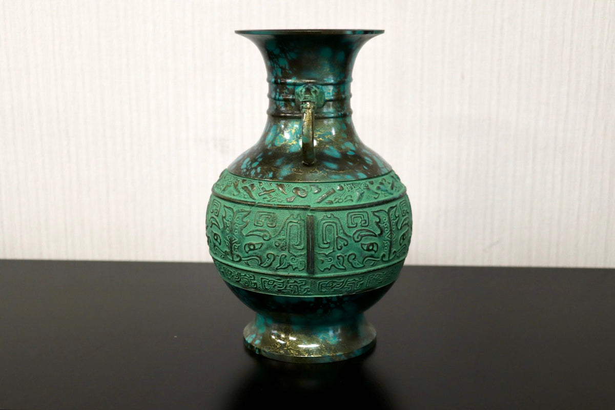 GMJK374P◯鋳銅花瓶 青銅双耳花瓶 古代文様鋳銅花器 緑青仕上げ大壺 饕餮文様銅器 双耳饕餮文花生 置物 インテリア 共箱