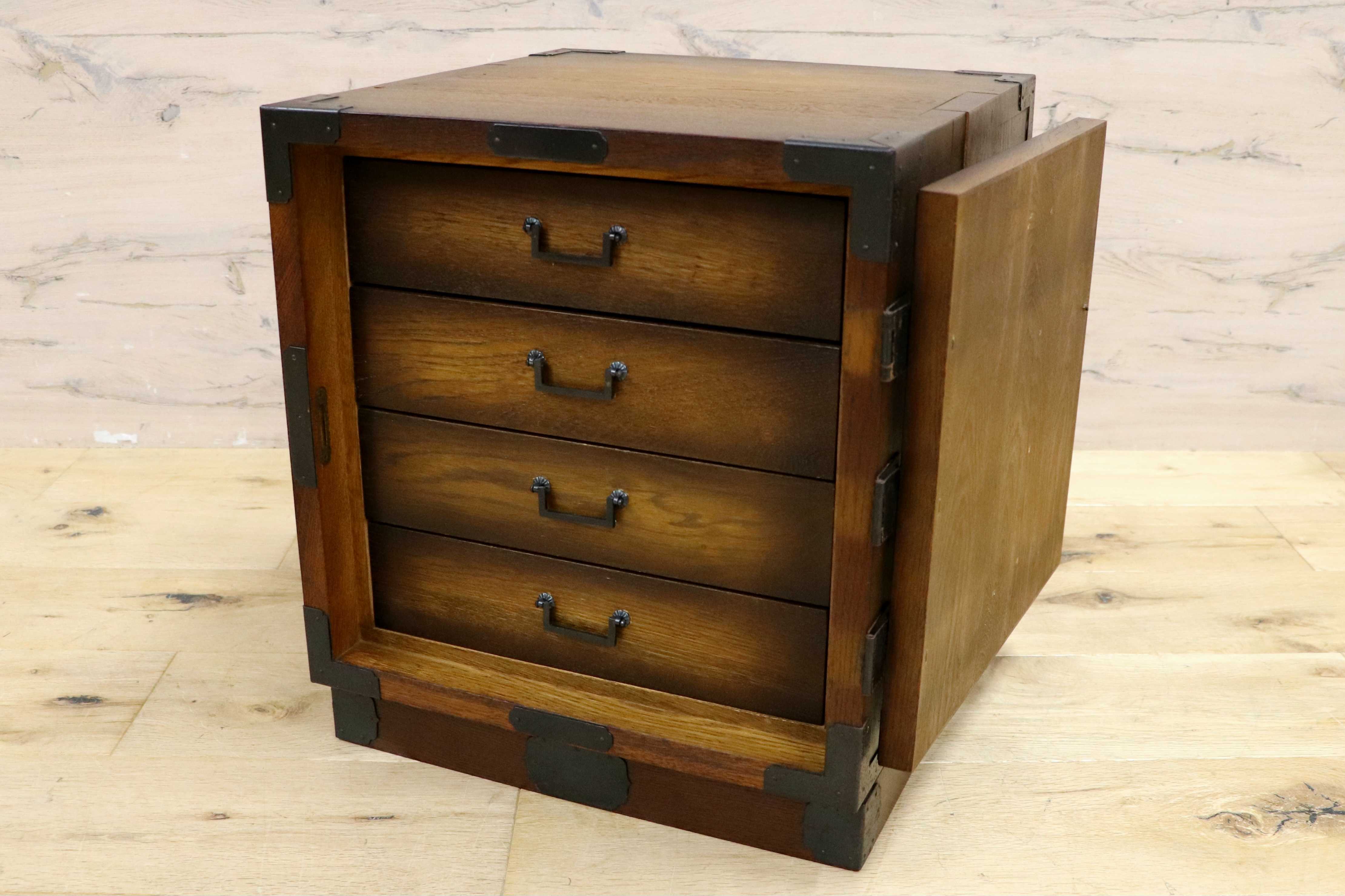 GMIH85A○飛騨産業 / HIDA キツツキ 小箪笥 小引き出し 金庫型 収納箱 ナラ材 無垢 4杯 アンティーク