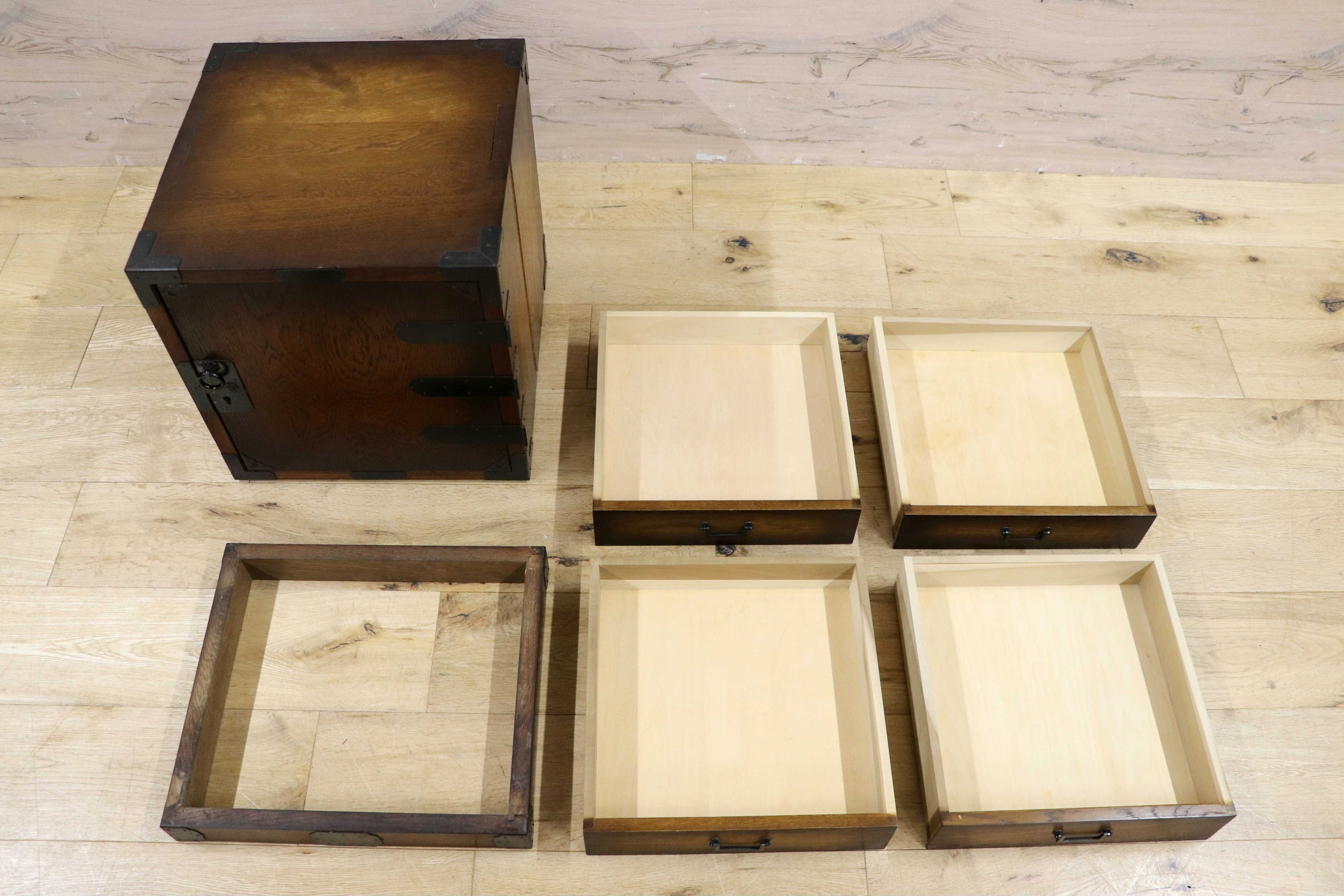 GMIH85A○飛騨産業 / HIDA キツツキ 小箪笥 小引き出し 金庫型 収納箱 ナラ材 無垢 4杯 アンティーク