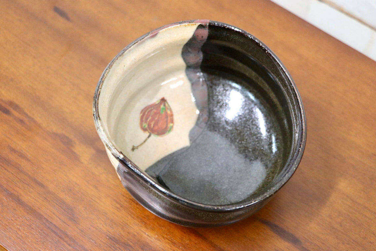 GMJK371AB〇紀州焼 葵窯 鬼灯 茶碗 共箱 茶道具 抹茶碗 色絵 ほおずき 未使用