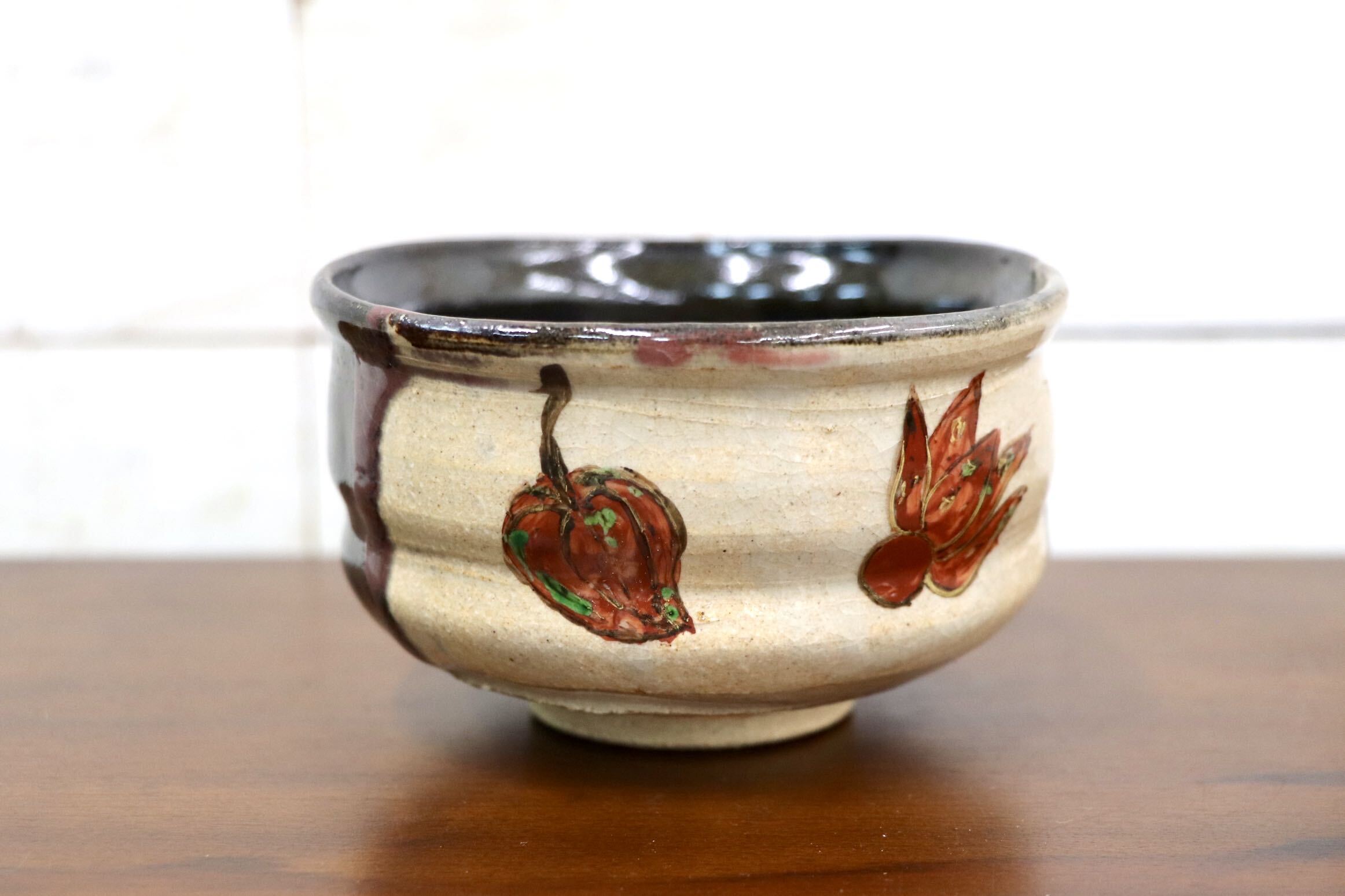 GMJK371AB〇紀州焼 葵窯 鬼灯 茶碗 共箱 茶道具 抹茶碗 色絵 ほおずき 未使用