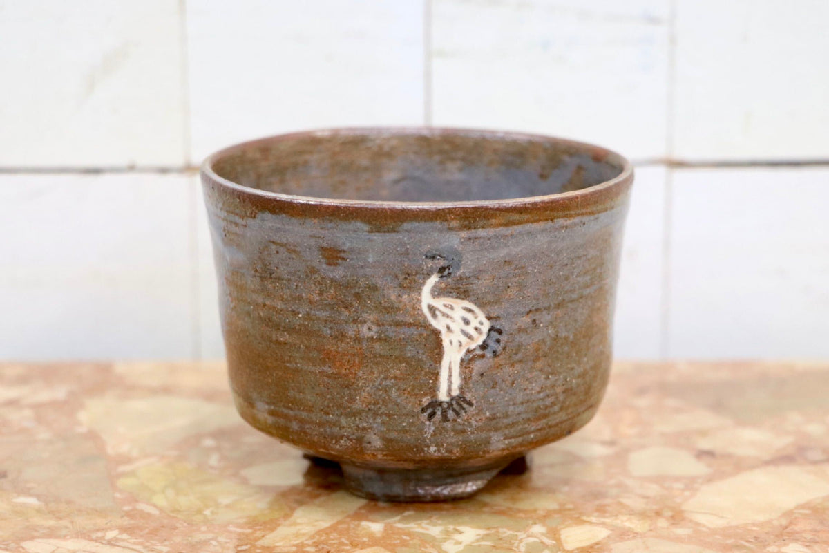 GMJK371AD〇紀州焼 葵窯 二代 寒川栖豊 立鶴 茶碗 共箱 茶道具 抹茶碗