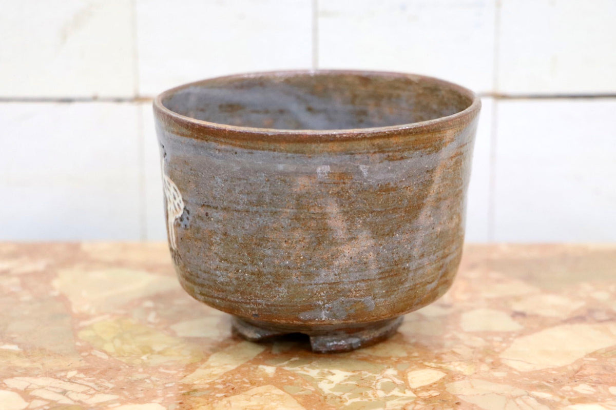 GMJK371AD〇紀州焼 葵窯 二代 寒川栖豊 立鶴 茶碗 共箱 茶道具 抹茶碗