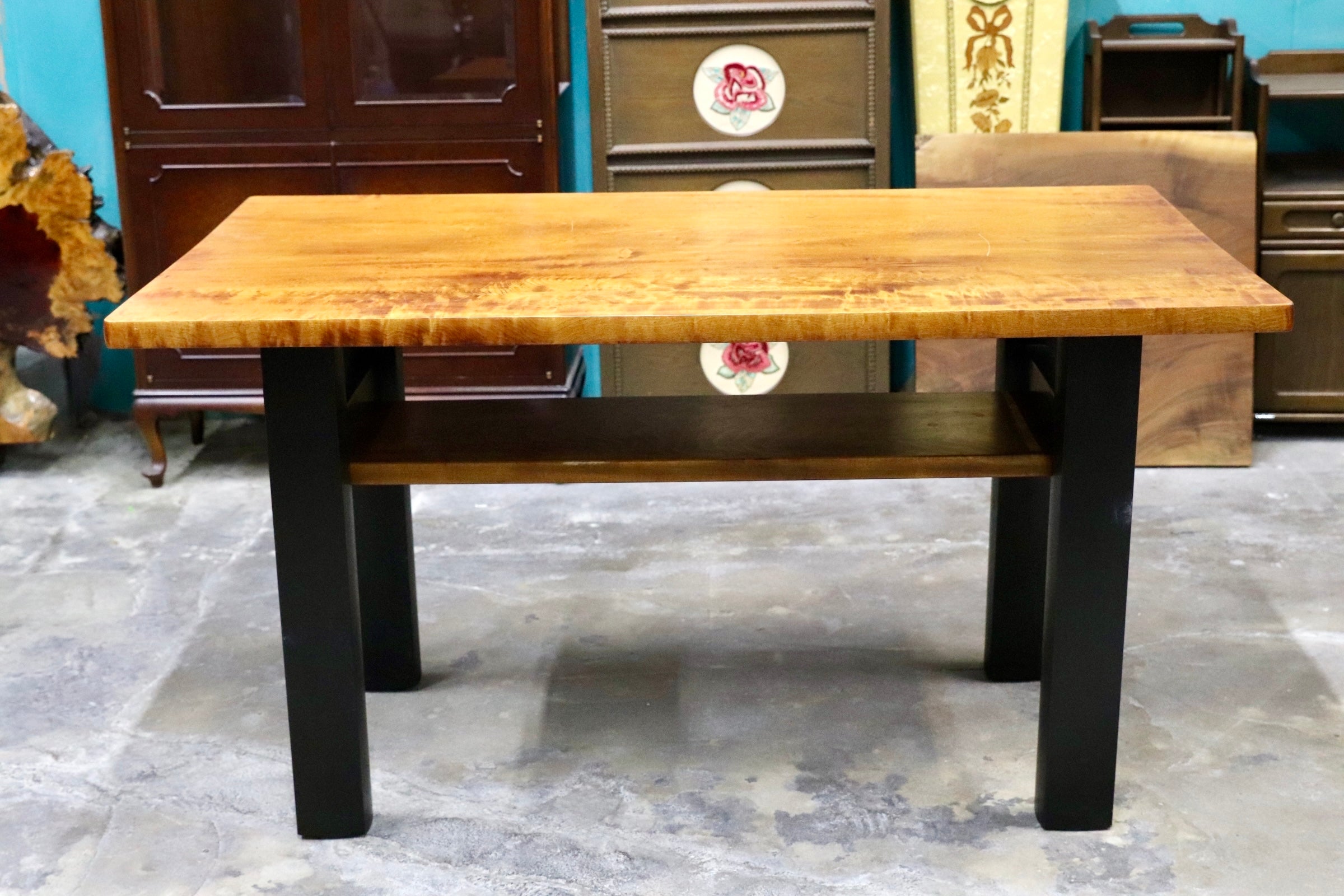 GMJS231○推定栃材 一枚板 無垢材 ダイニングテーブル デスク 縮杢 虎杢 工房家具 和モダン 民芸家具 作業台 店舗什器