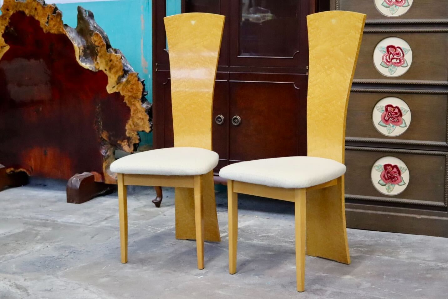 GMIS371C○IDC大塚家具 松創 ダイニングチェア アームレスチェアハイバックチェア 2脚セット 木製 バーズアイメープル ファブリック モダン