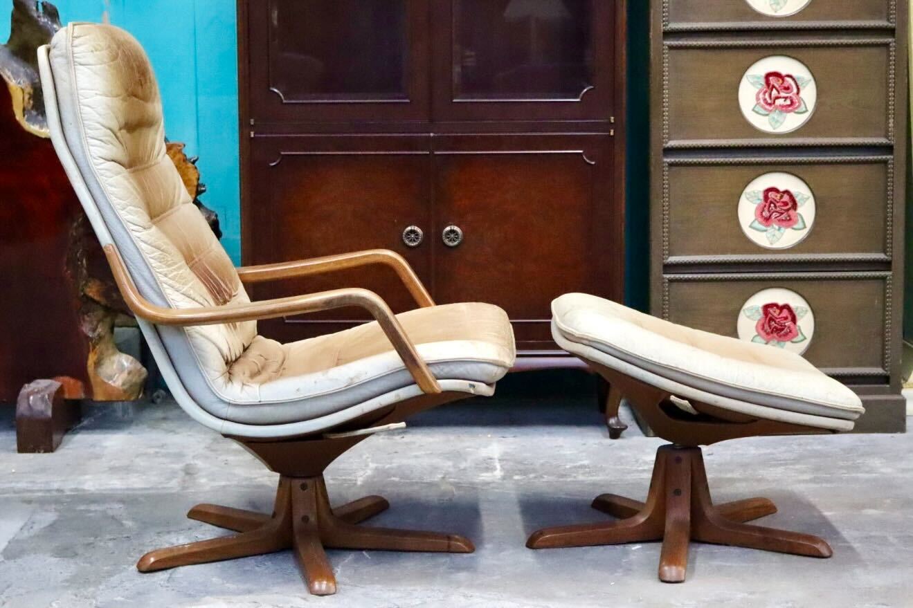 GMIK698○BERG Furniture / ベルグファニチャー 1人掛けソファ ラウンジチェア 回転式 オットマン 本革 ミッドセンチュリー デンマーク