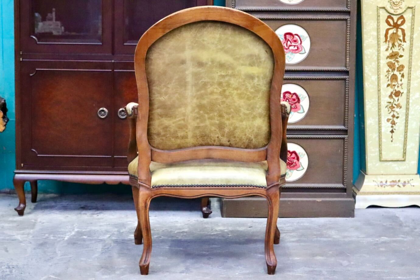 GMIH360○ダイニングチェア アームチェア 1人掛けソファ 椅子 本革 無垢材 猫脚 フレンチスタイル ヴィンテージ クラシック