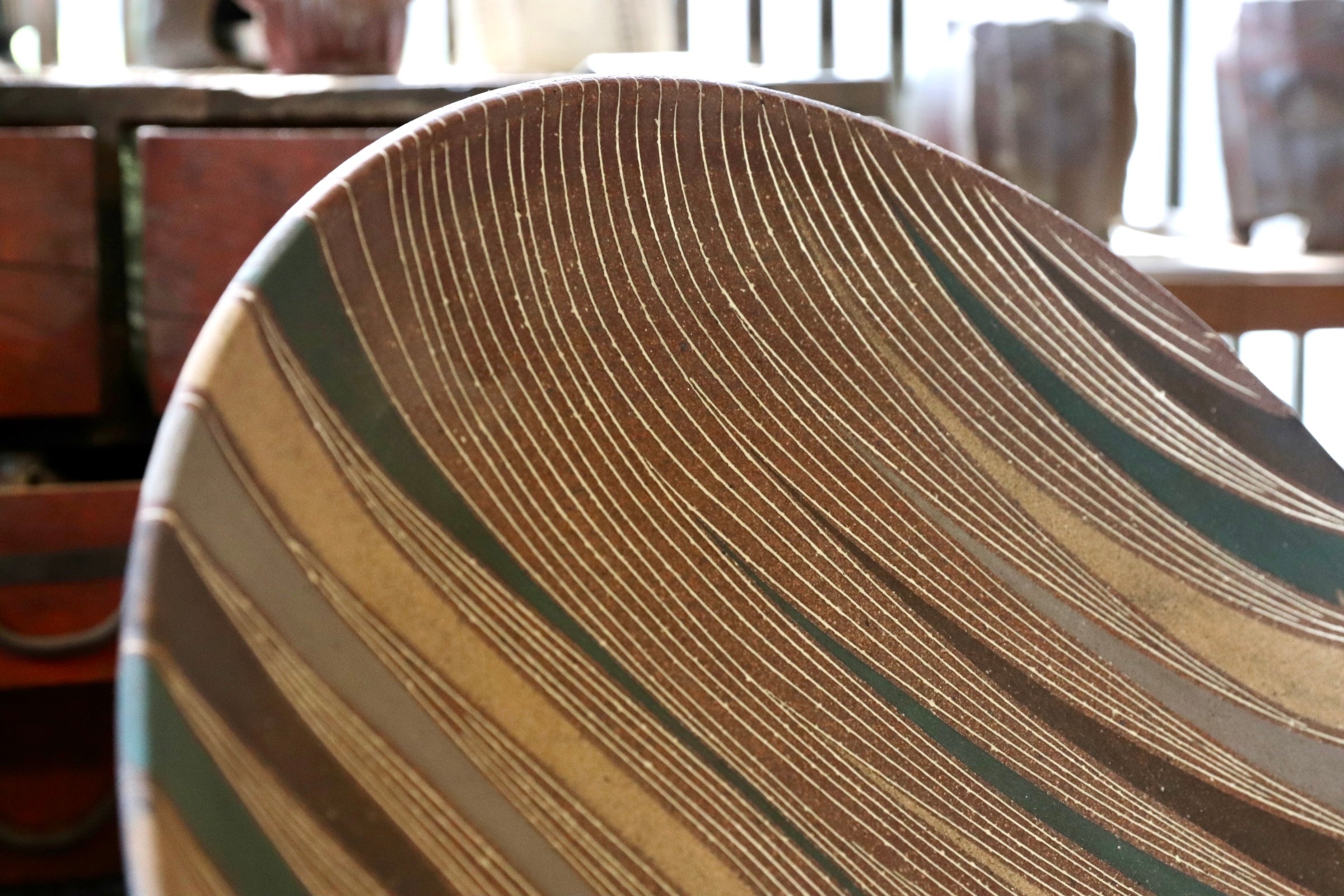GMJI15○悟窯 市野哲次 丹波焼 大皿 飾皿 線文 色彩文様 大型陶板 陶芸作品 作家物 和モダン