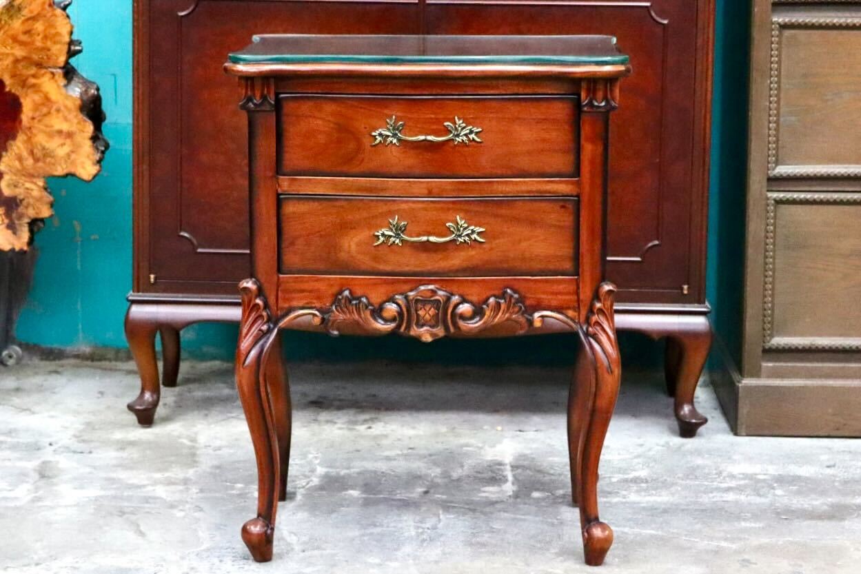 GMIS399○ナイトテーブル サイドテーブル キャビネット チェスト 花台 引き出し 猫脚 ガラス天板 マホガニー材 ヴィンテージ クラシック