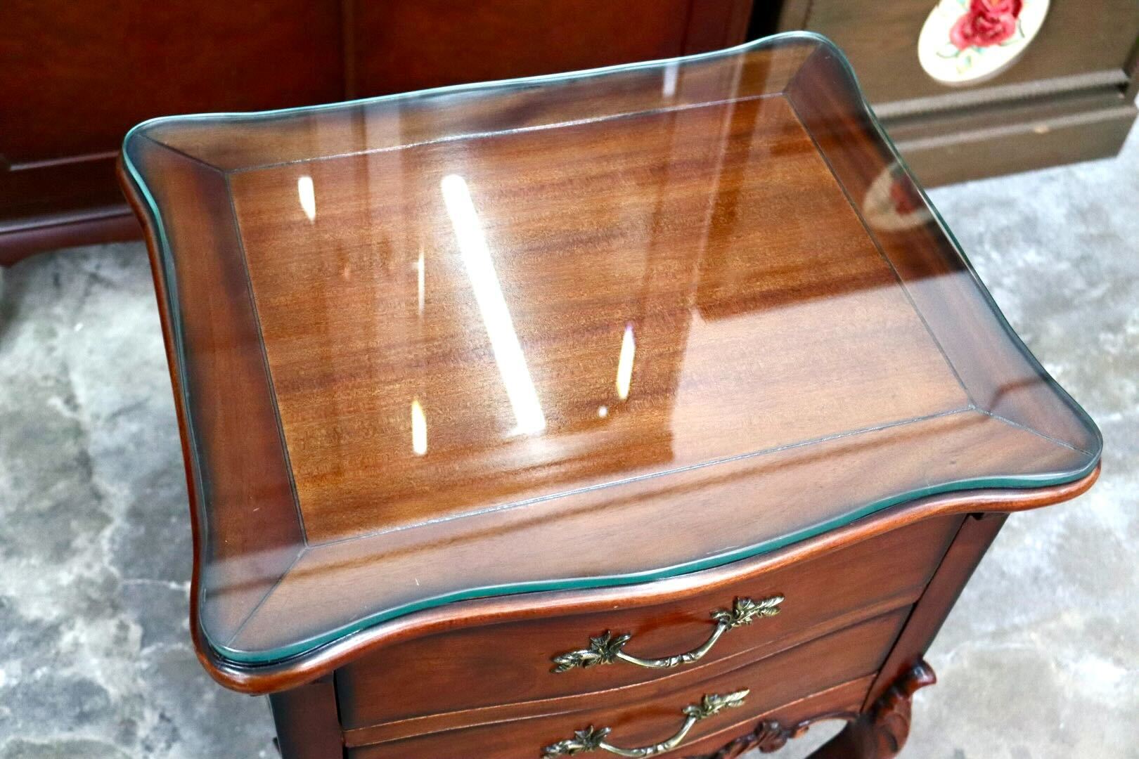 GMIS399○ナイトテーブル サイドテーブル キャビネット チェスト 花台 引き出し 猫脚 ガラス天板 マホガニー材 ヴィンテージ クラシック