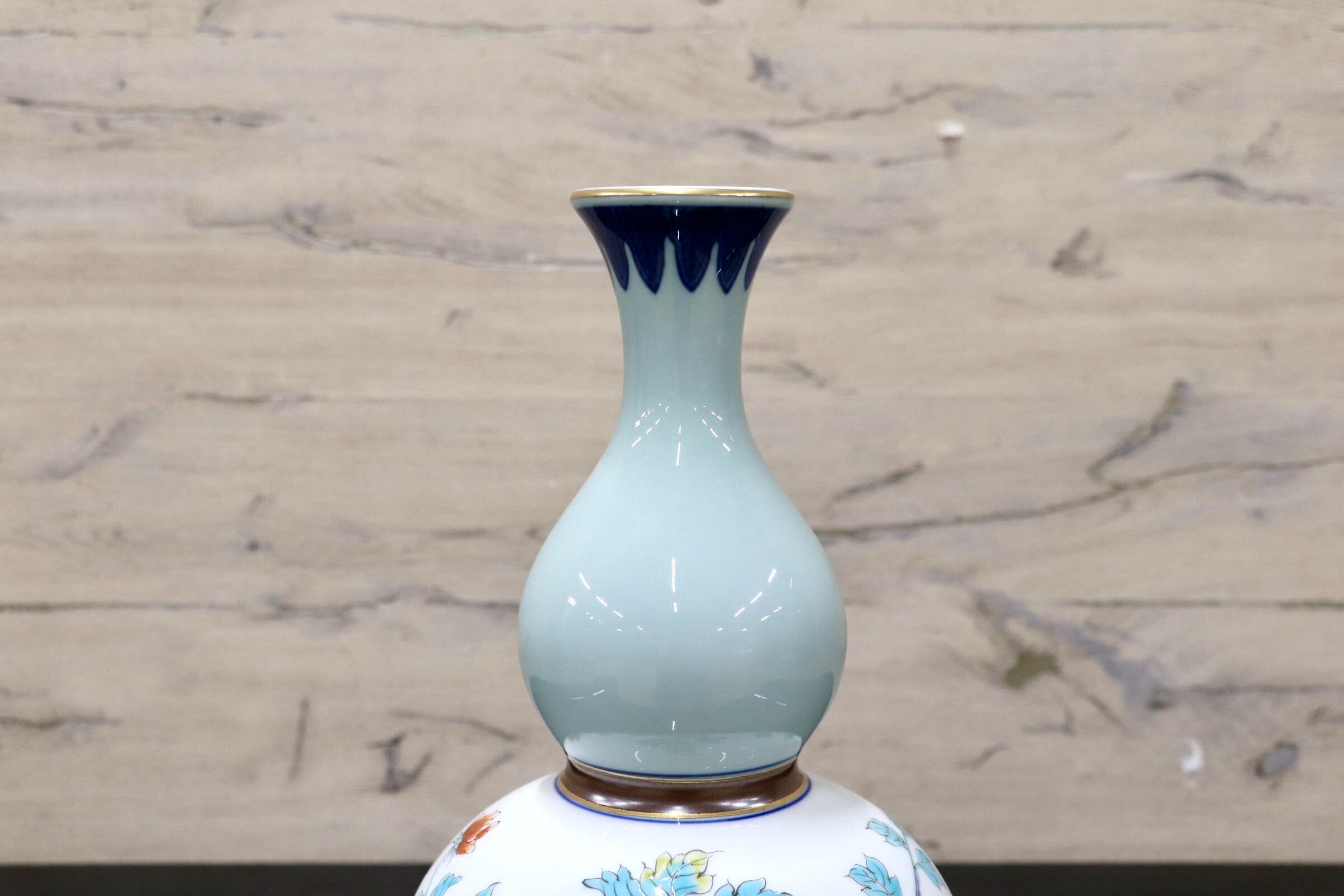 GMJK374W◯有田焼 弥左エ門作 瓢箪型花瓶 色絵花鳥文 花入 花器 一輪挿し 置物 インテリア 陶器 共箱 在銘 伝統工芸 和モダン